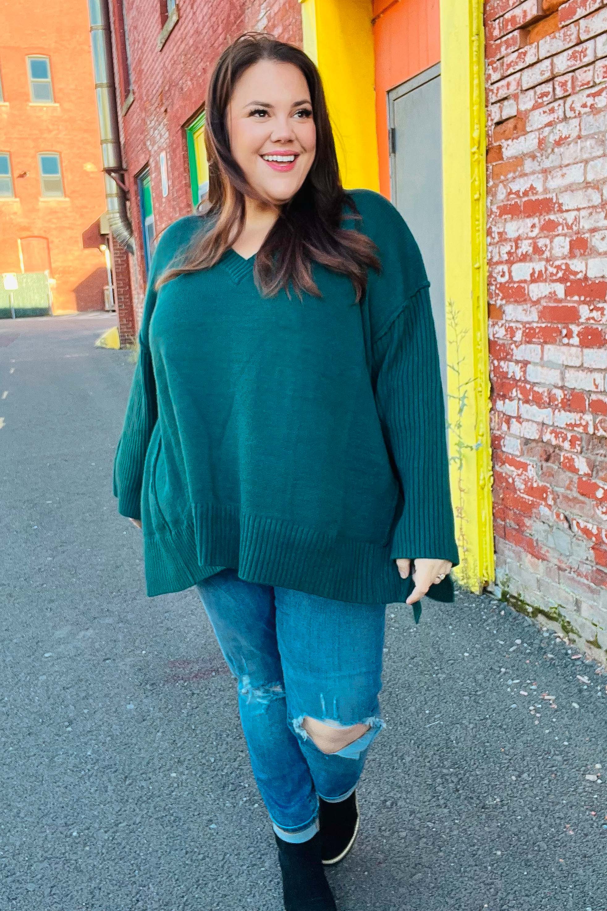 Daydream V Neck Rib Knit Sweater • Green