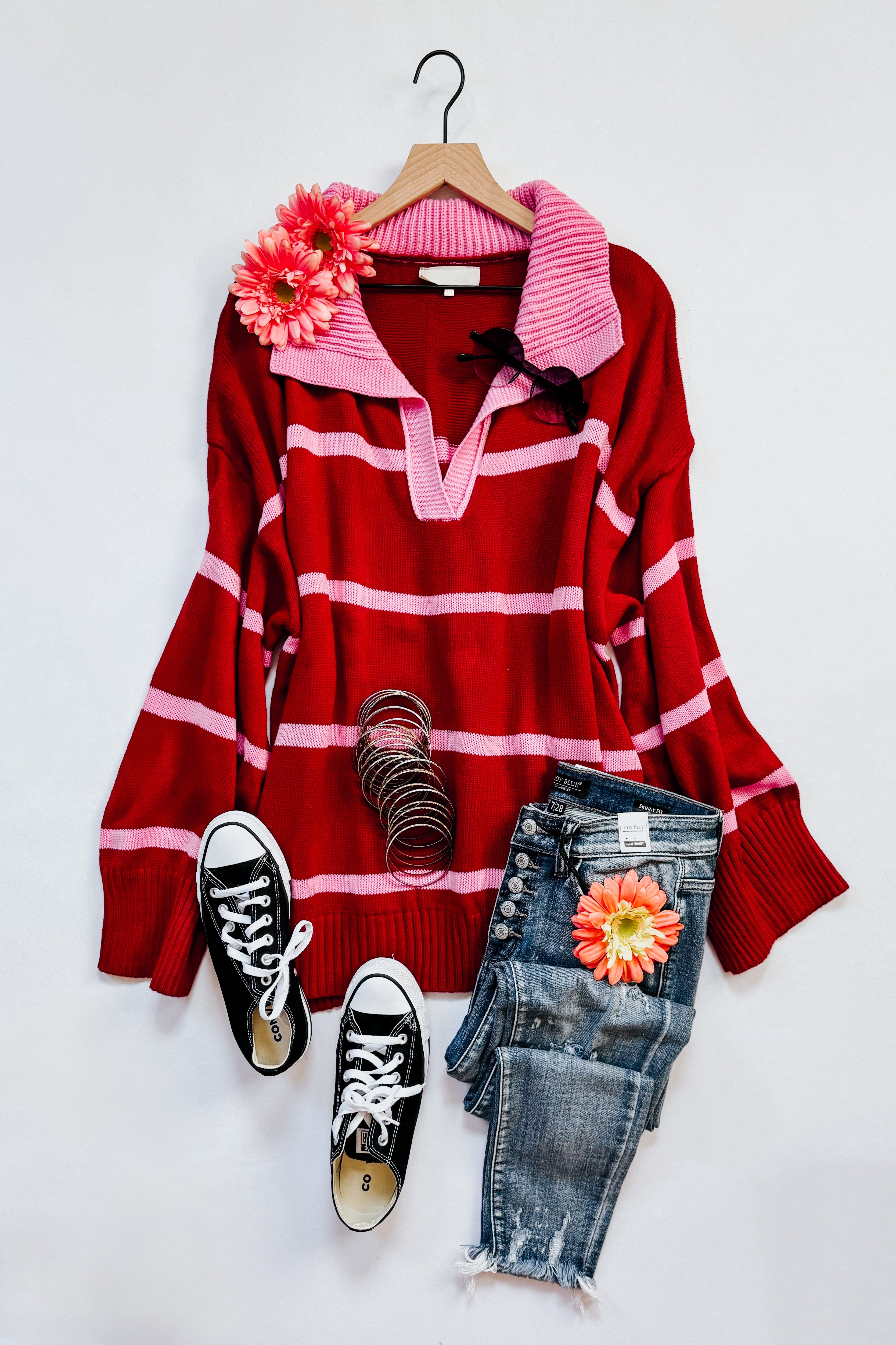 Makes You Wonder Striped Collared Sweater • Crimson