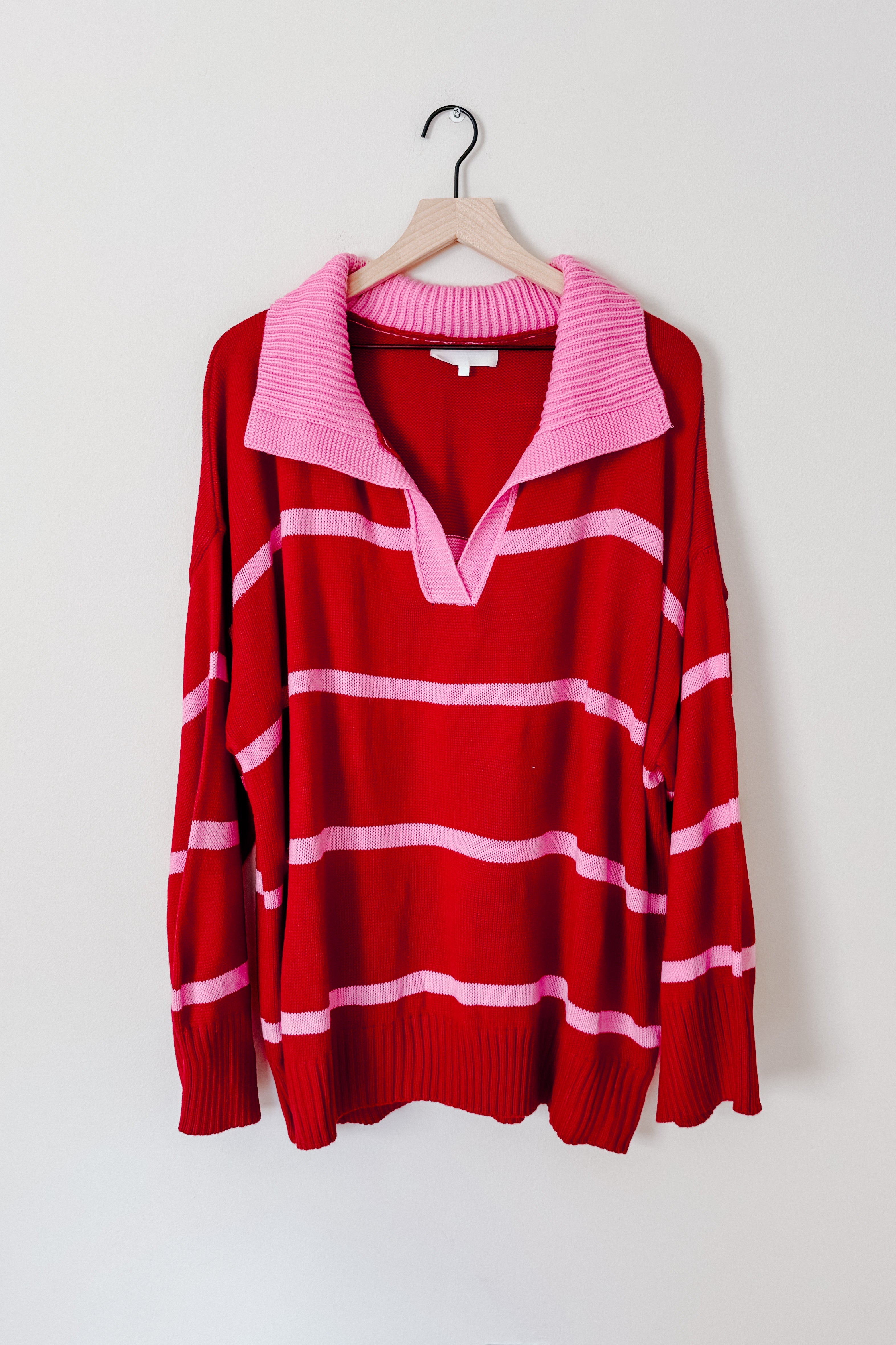 Makes You Wonder Striped Collared Sweater • Crimson