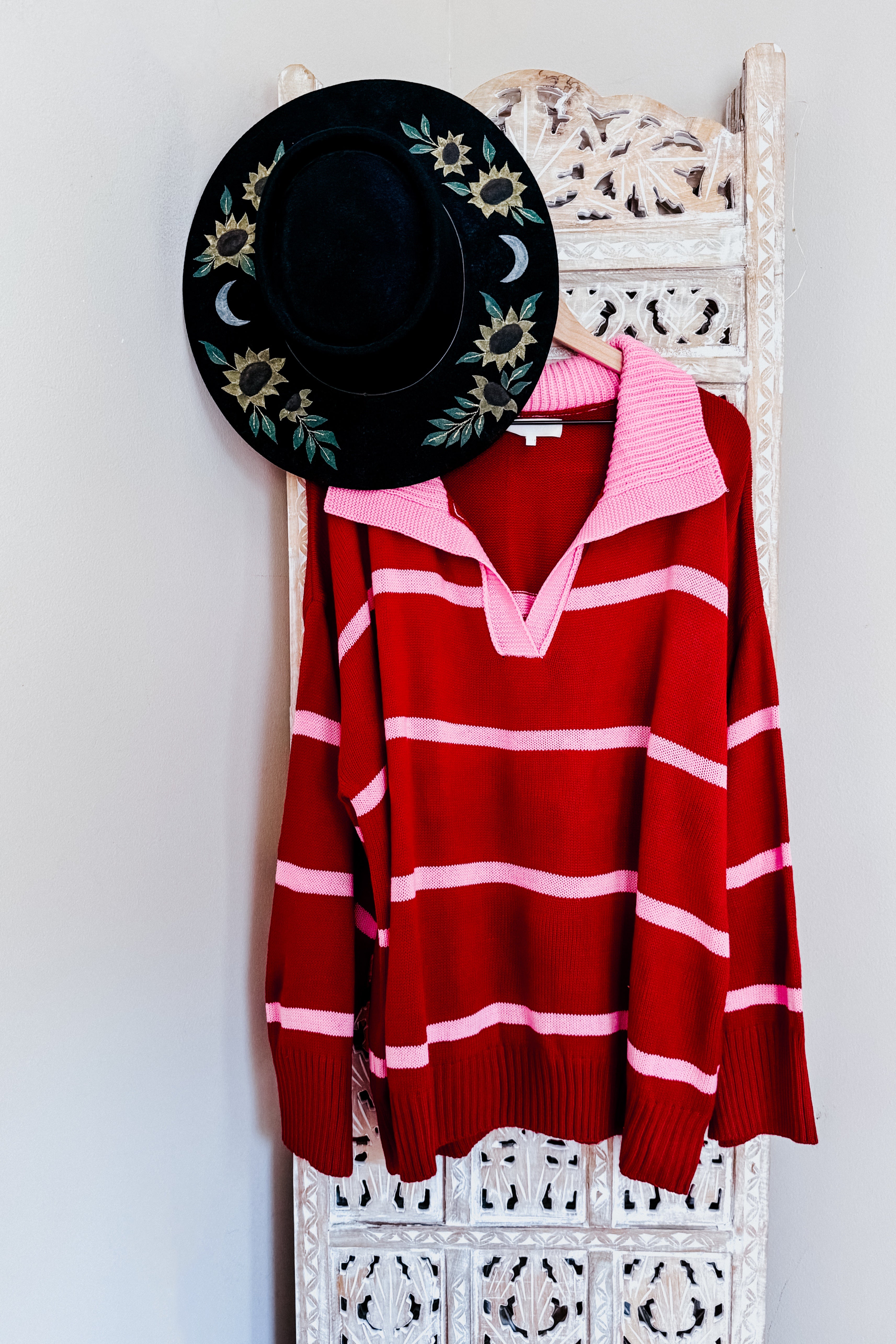 Makes You Wonder Striped Collared Sweater • Crimson