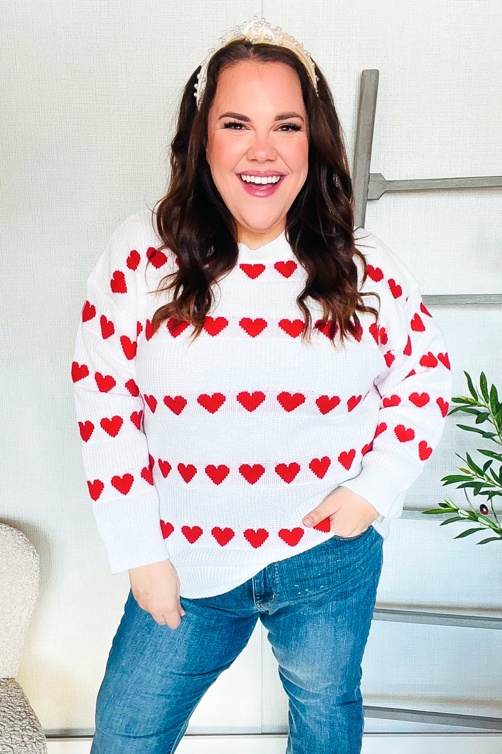 Our Time Jacquard Heart Stripe Pullover Sweater