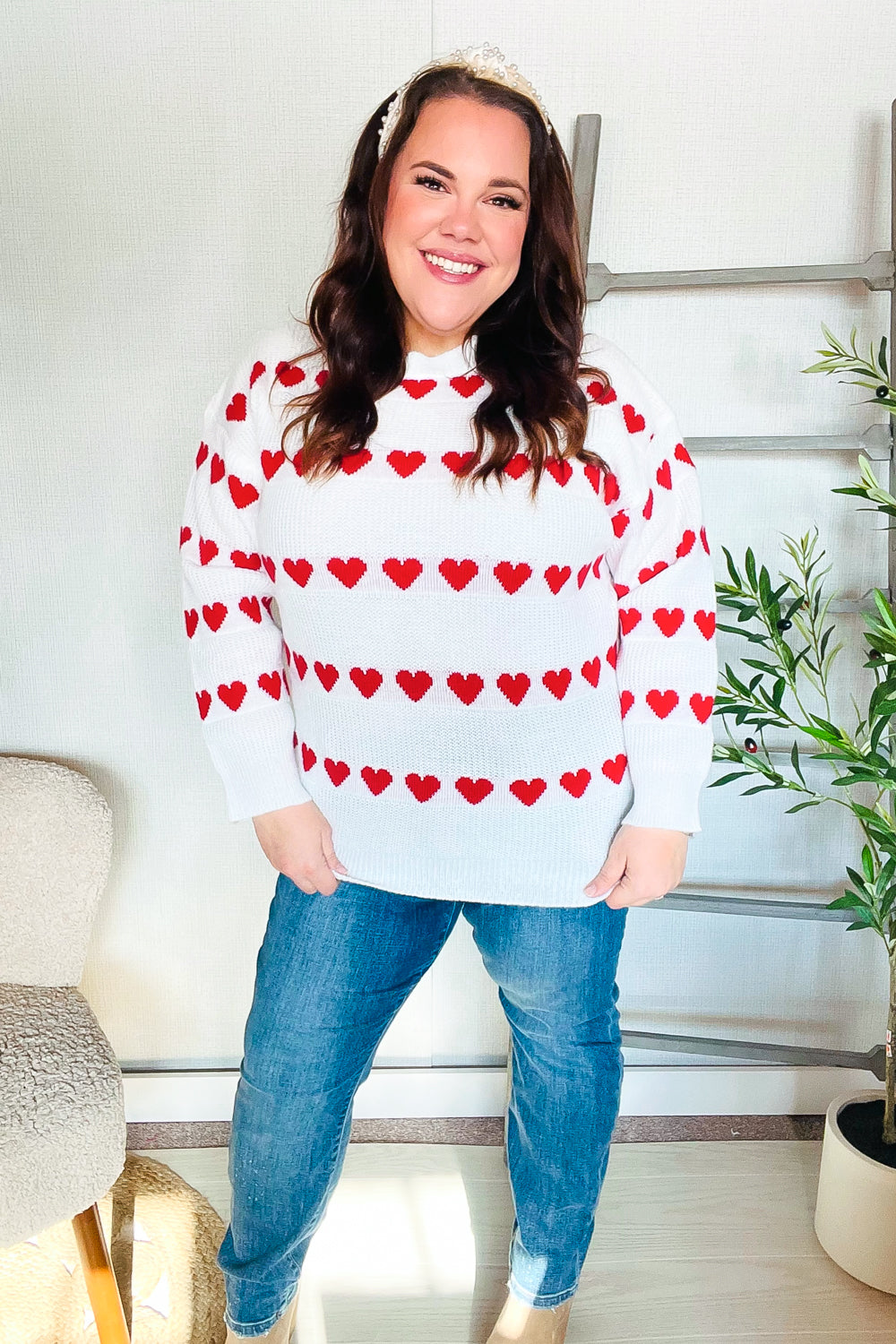 Our Time Jacquard Heart Stripe Pullover Sweater