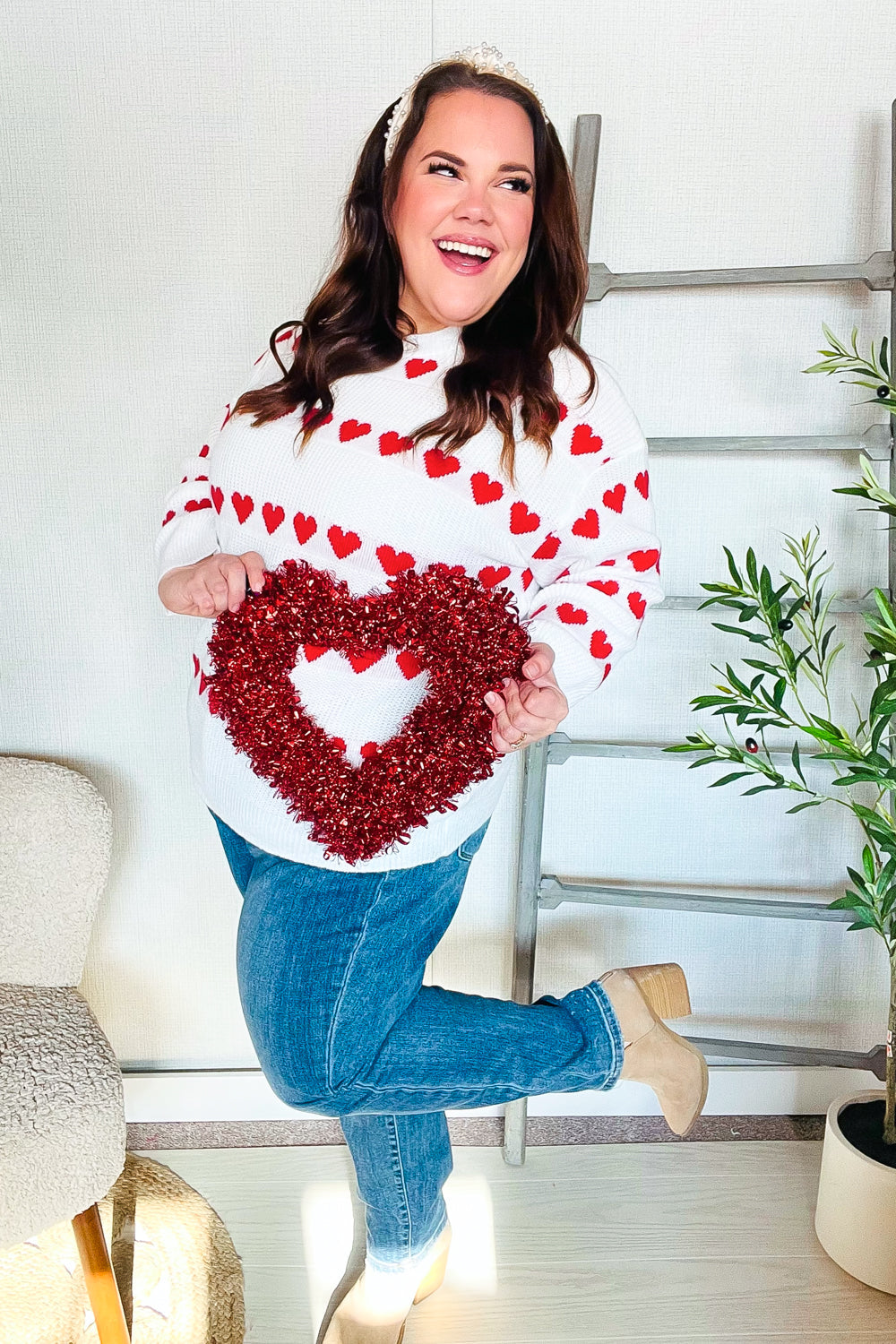 Our Time Jacquard Heart Stripe Pullover Sweater