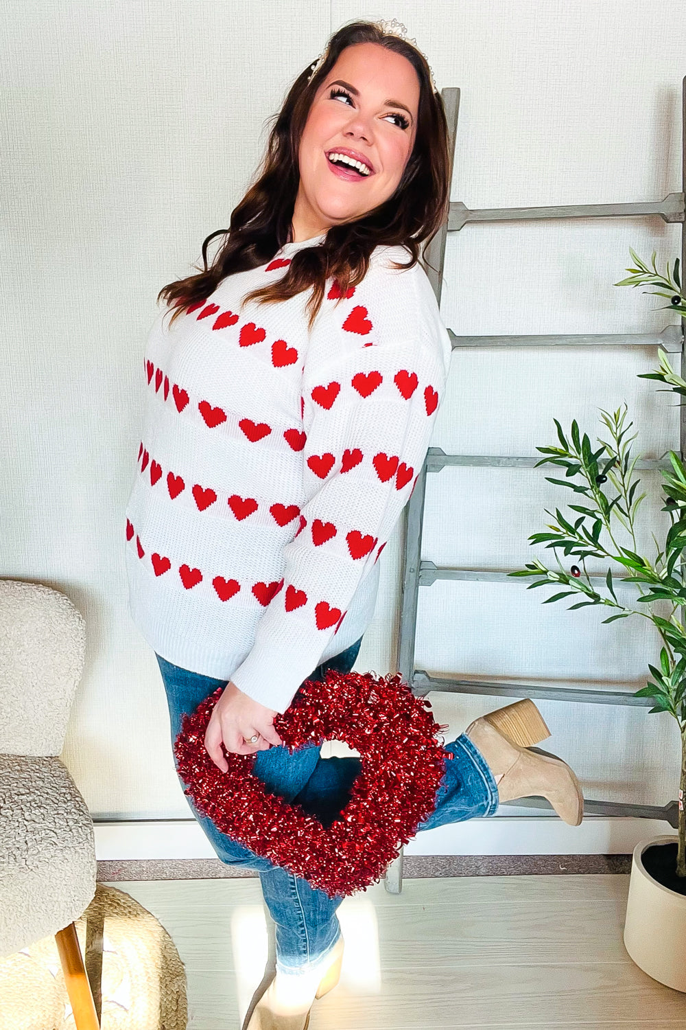 Our Time Jacquard Heart Stripe Pullover Sweater