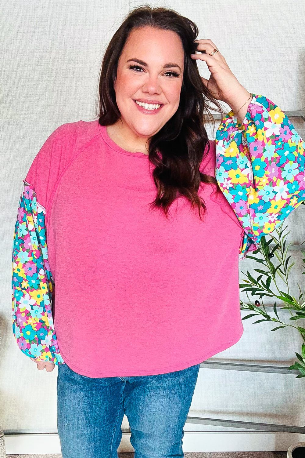 Meet Again Floral Bubble Sleeve French Terry Pullover