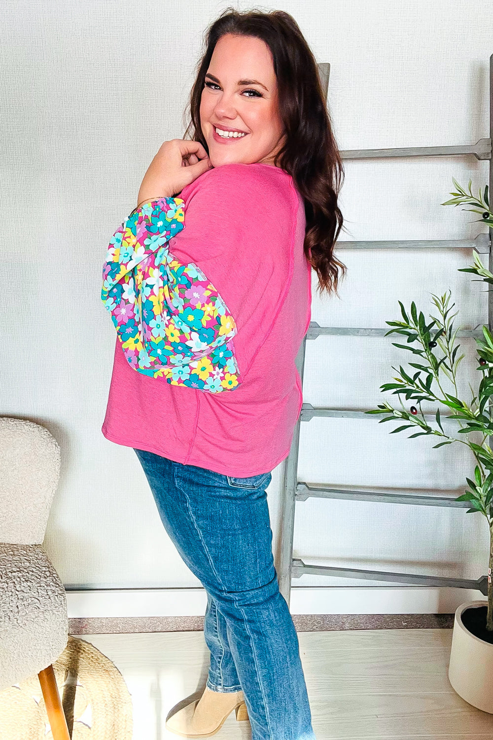 Meet Again Floral Bubble Sleeve French Terry Pullover