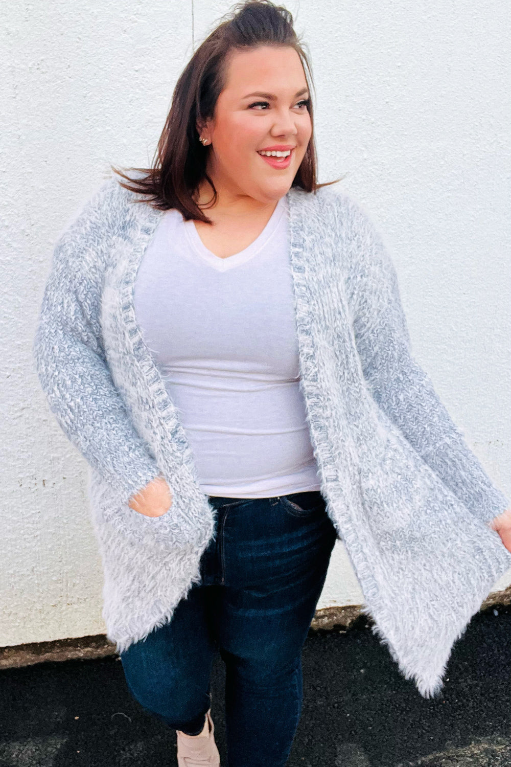 Leading Lady Two Tone Fuzzy Soft Brushed Cardigan • Slate