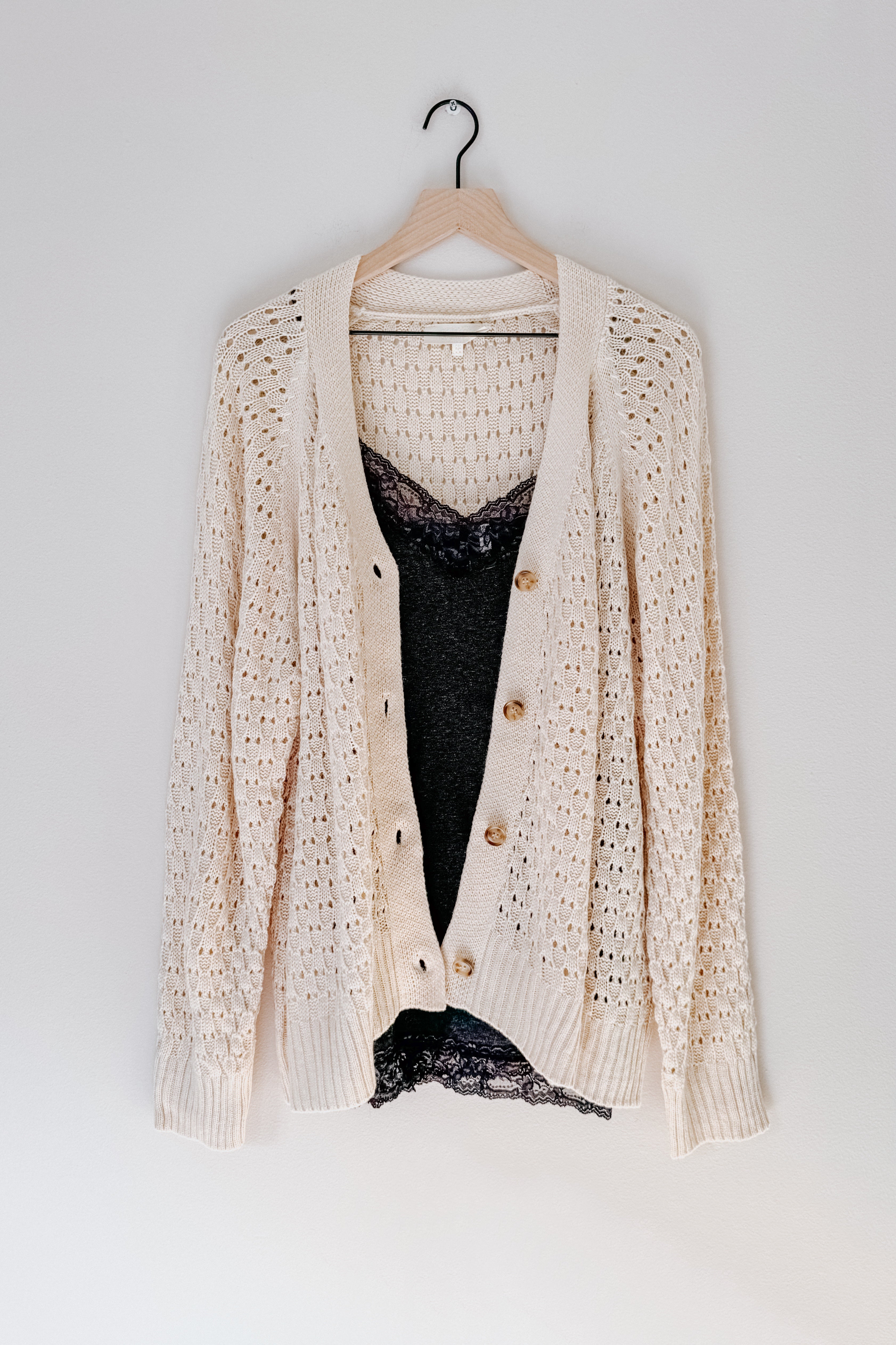 Wallflower Pointelle Knit Button Down Cardigan • Oatmeal