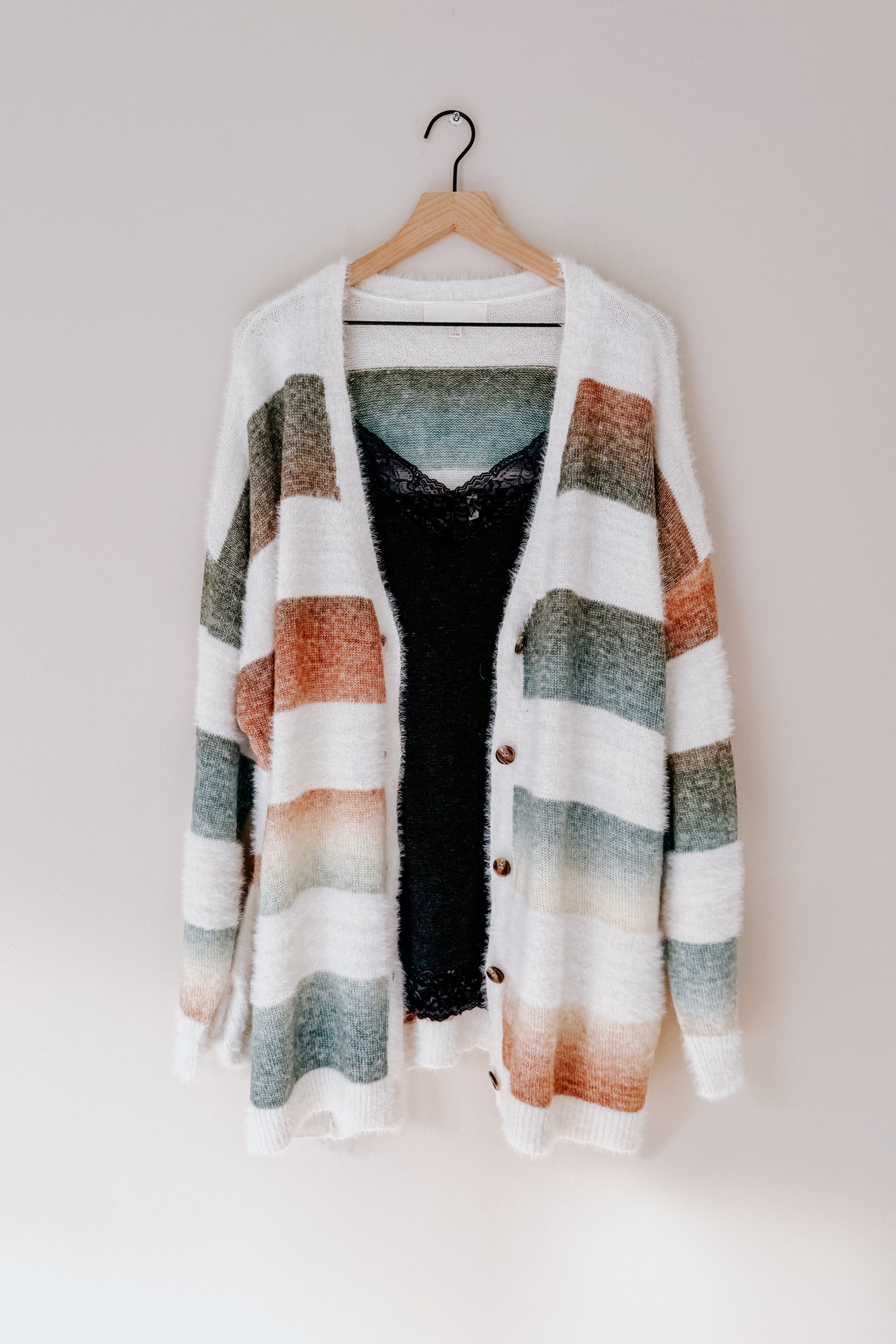 On Air Striped Button Down Fuzzy Knit Cardigan