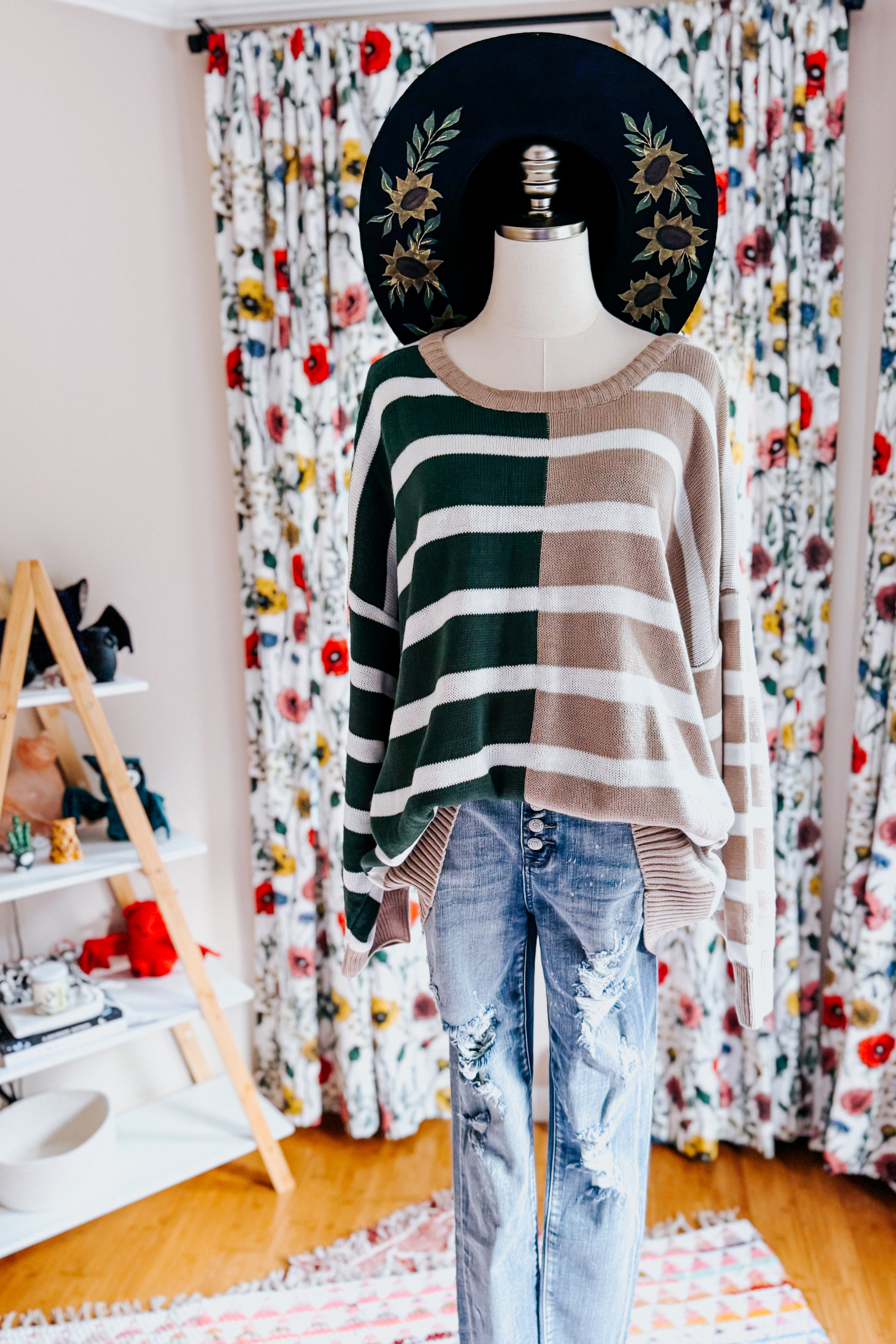 Most Wanted Striped Color Block Sweater • Green & Taupe