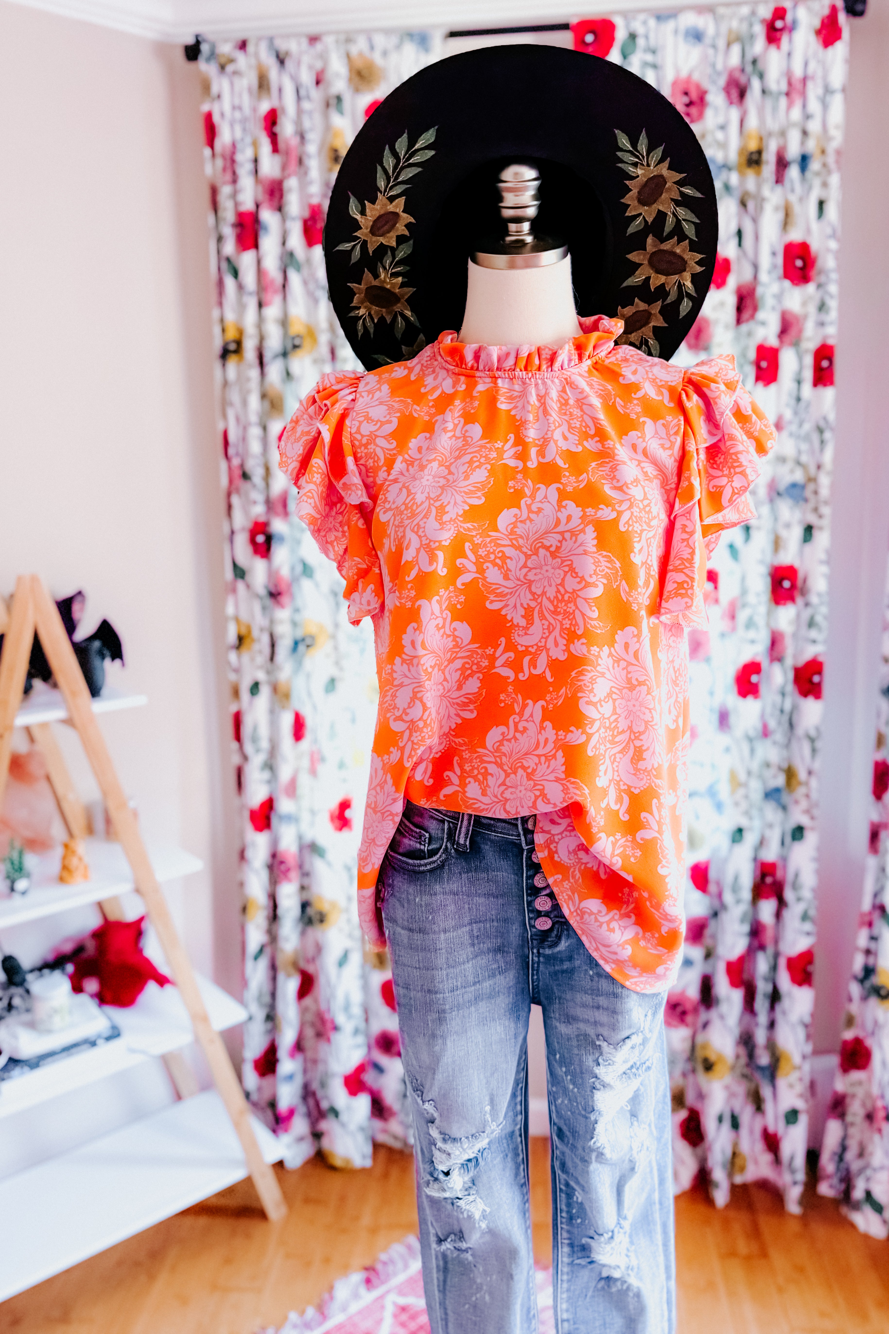 Penny Paisley Mock Neck Flutter Sleeve Top