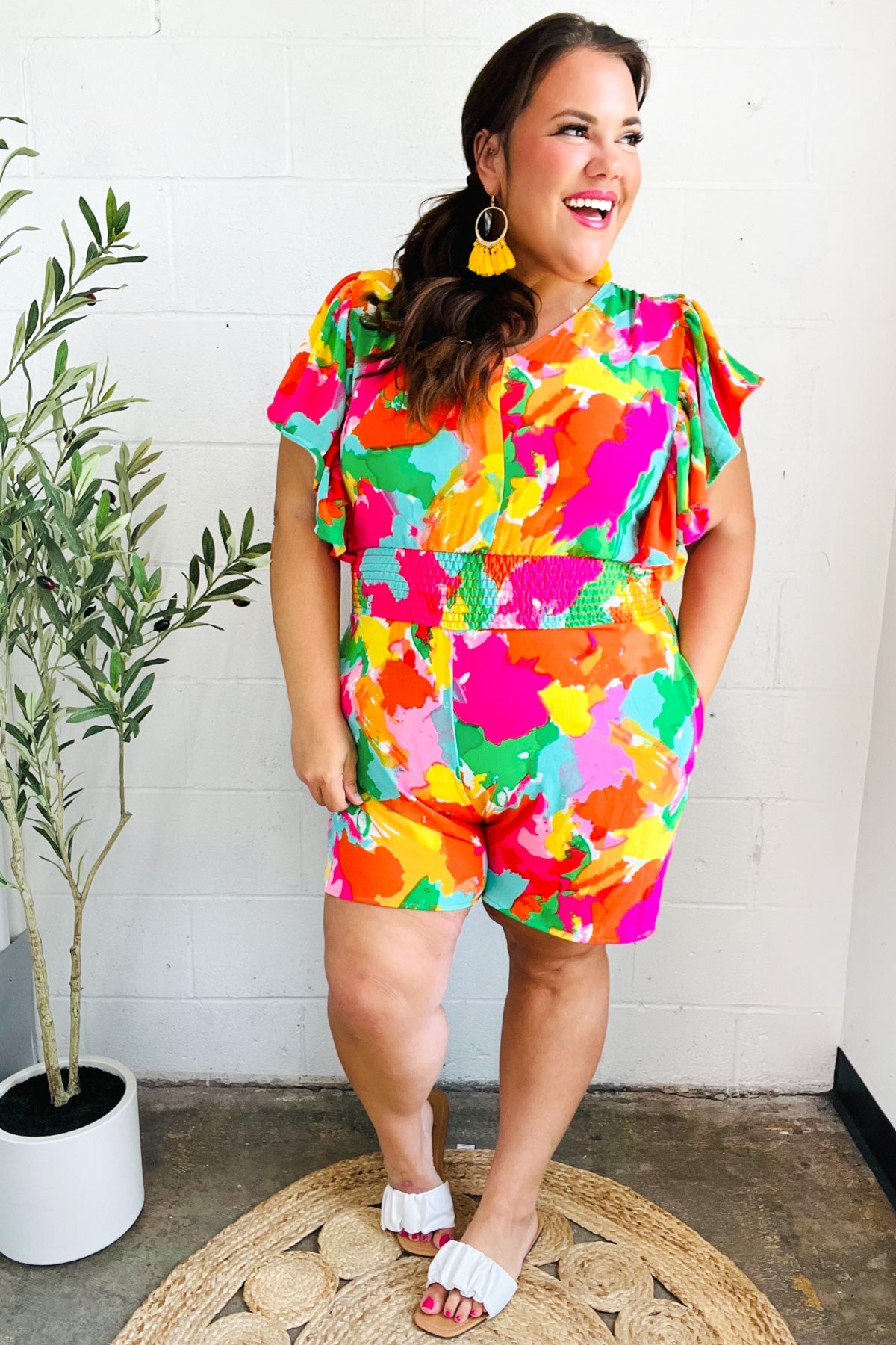 Under The Sun Abstract Floral Flutter Sleeve Romper