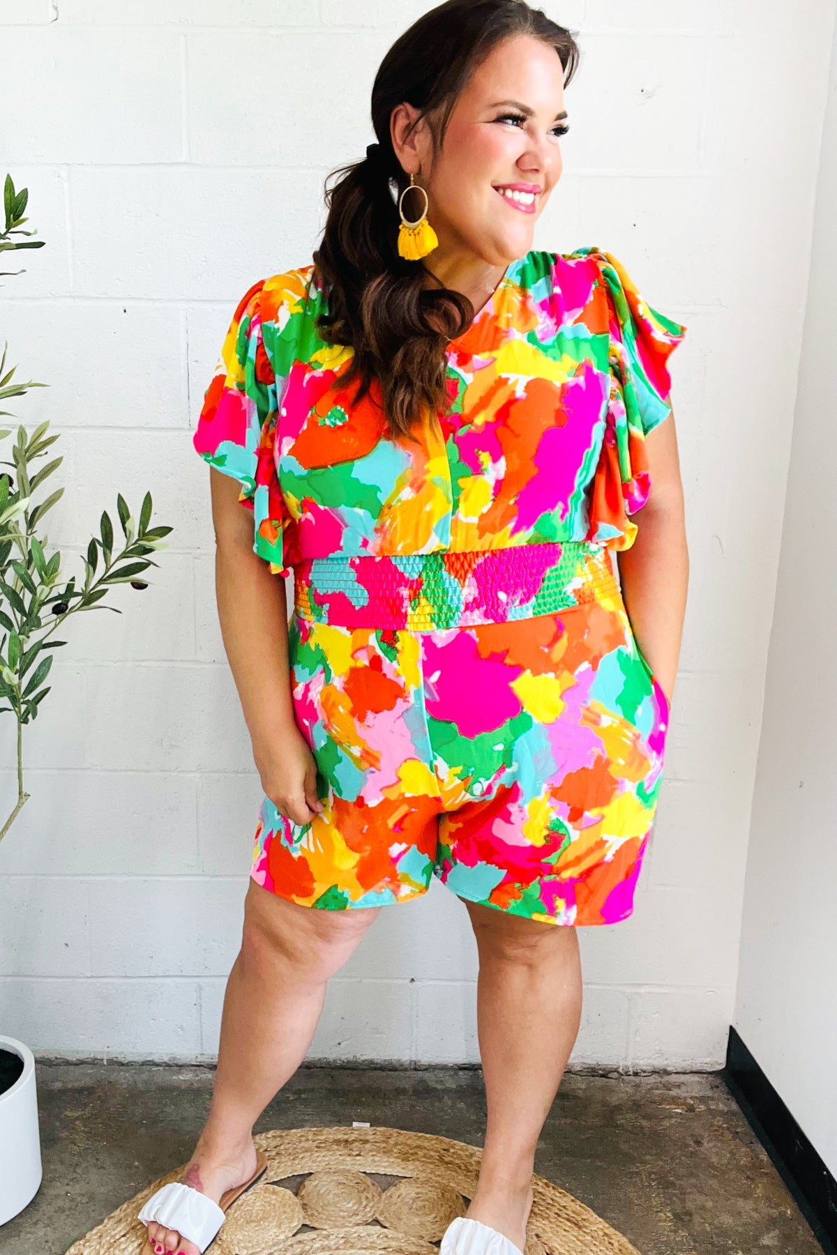 Under The Sun Abstract Floral Flutter Sleeve Romper