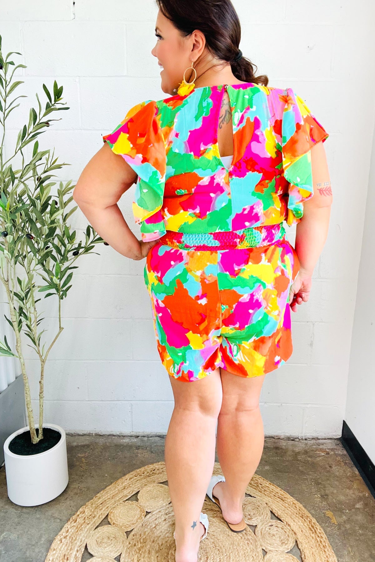 Under The Sun Abstract Floral Flutter Sleeve Romper