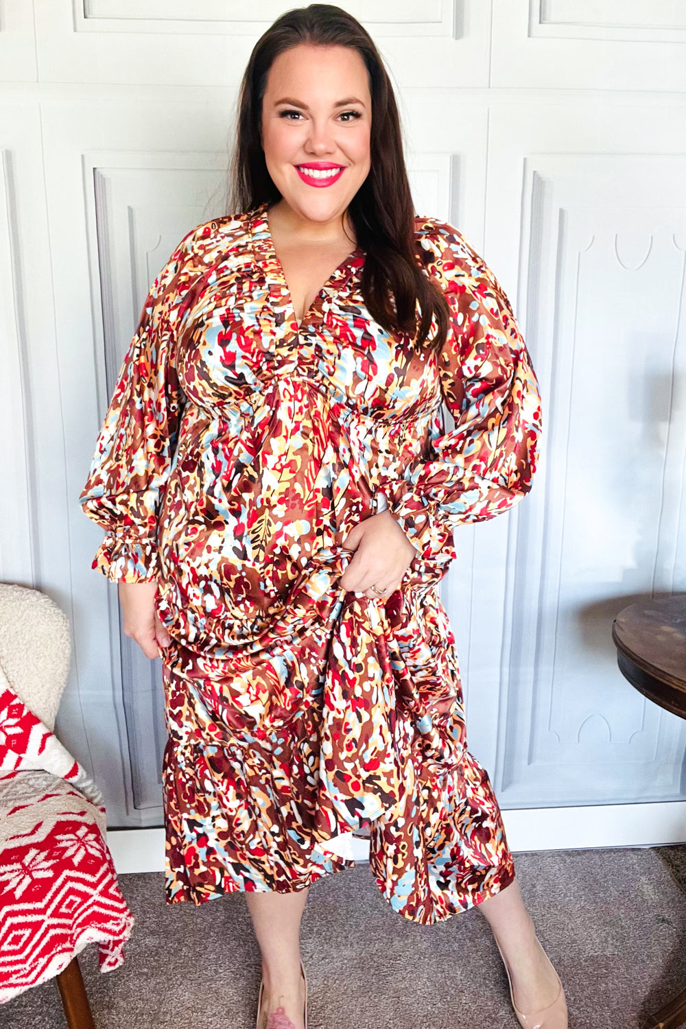 Make You Smile Floral Print V Neck Satin Maxi Dress