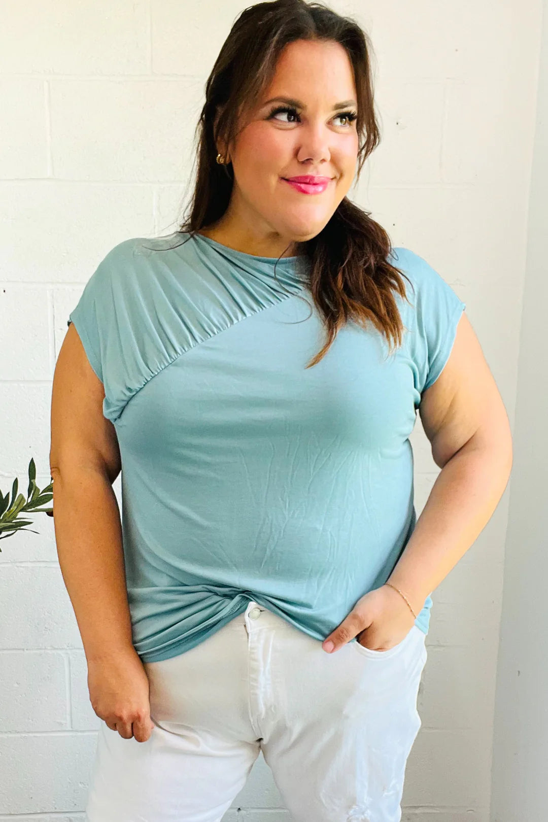 Charming in Aqua Asymmetrical Shirred Drop Shoulder Modal Top