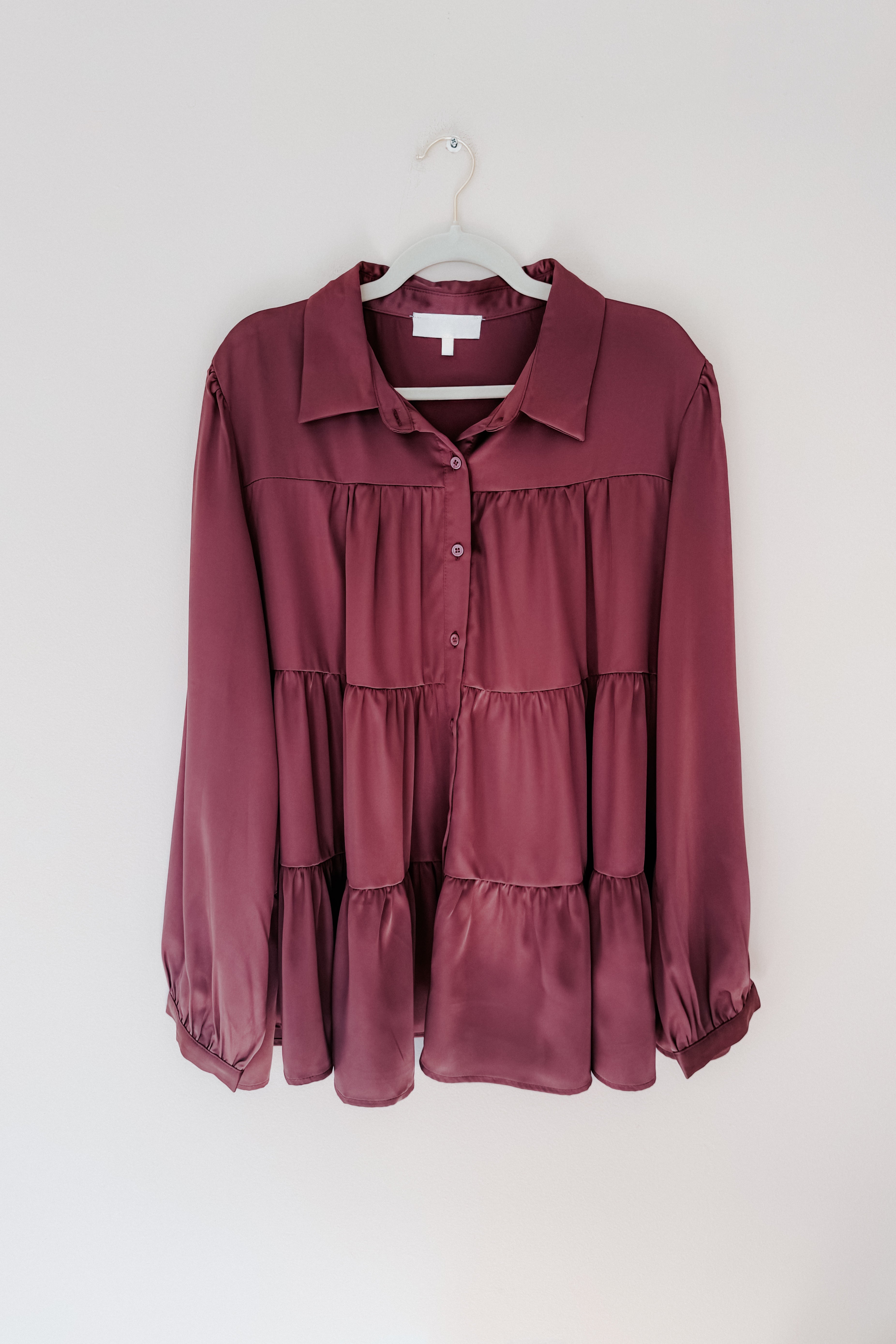 Need You Now Button Down Tiered Babydoll Satin Top • Dark Mauve