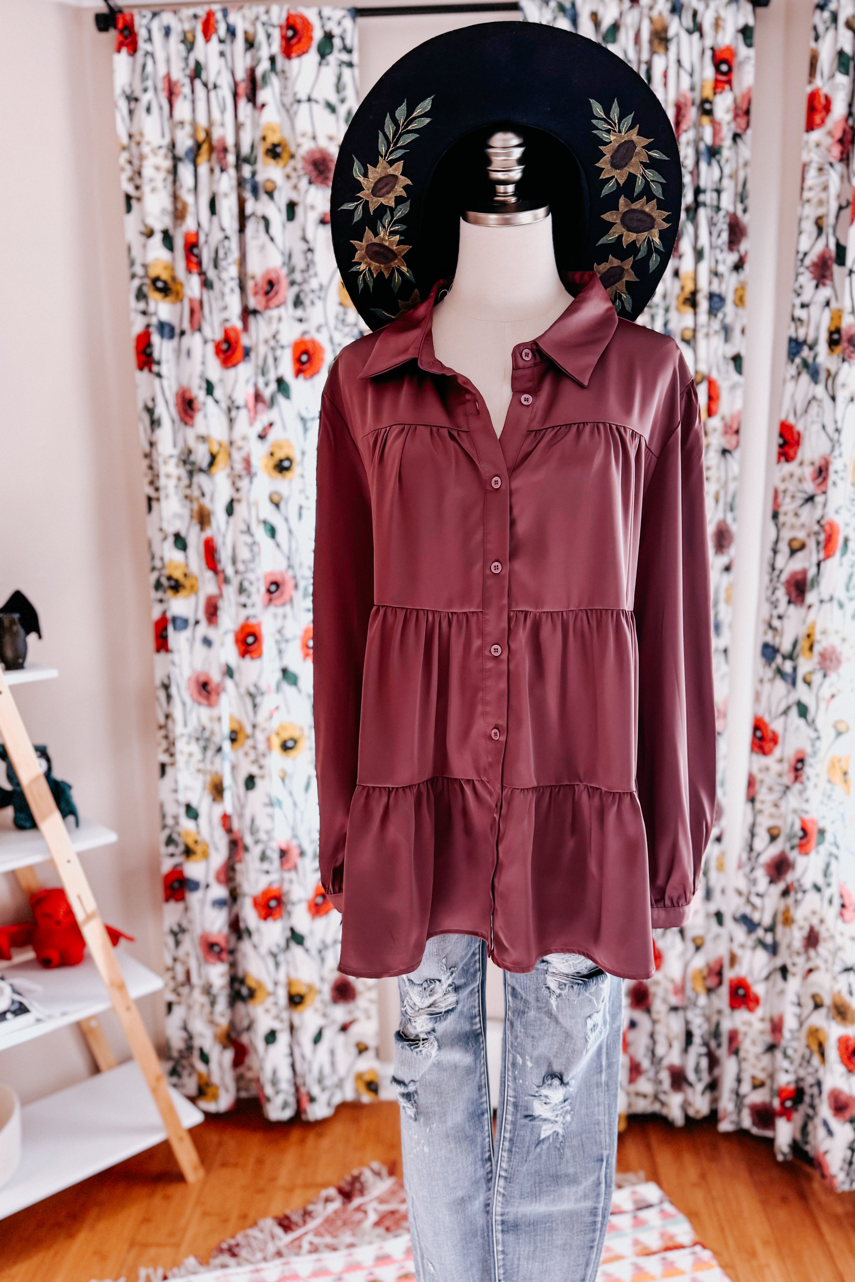 Need You Now Button Down Tiered Babydoll Satin Top • Dark Mauve