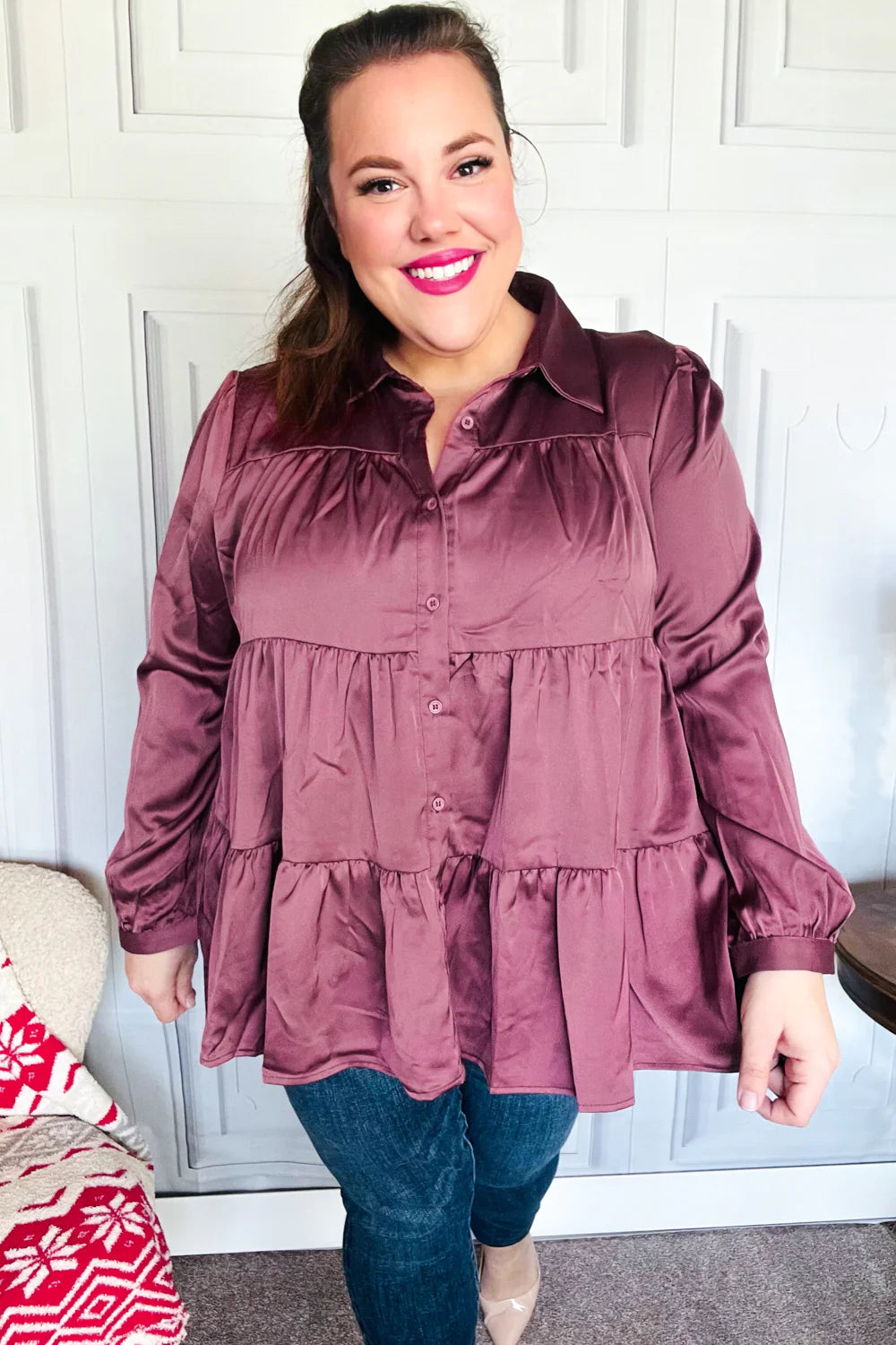 Need You Now Button Down Tiered Babydoll Satin Top • Dark Mauve