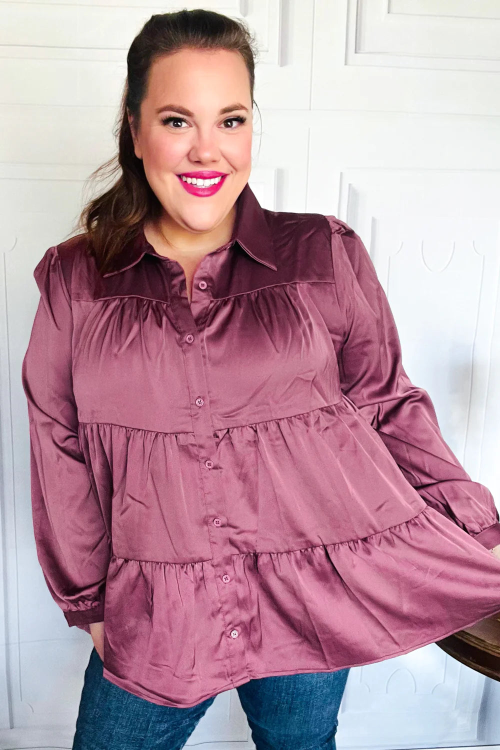 Need You Now Button Down Tiered Babydoll Satin Top • Dark Mauve