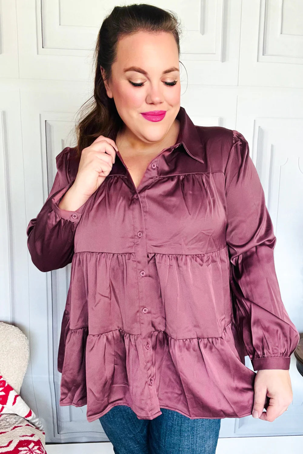 Need You Now Button Down Tiered Babydoll Satin Top • Dark Mauve