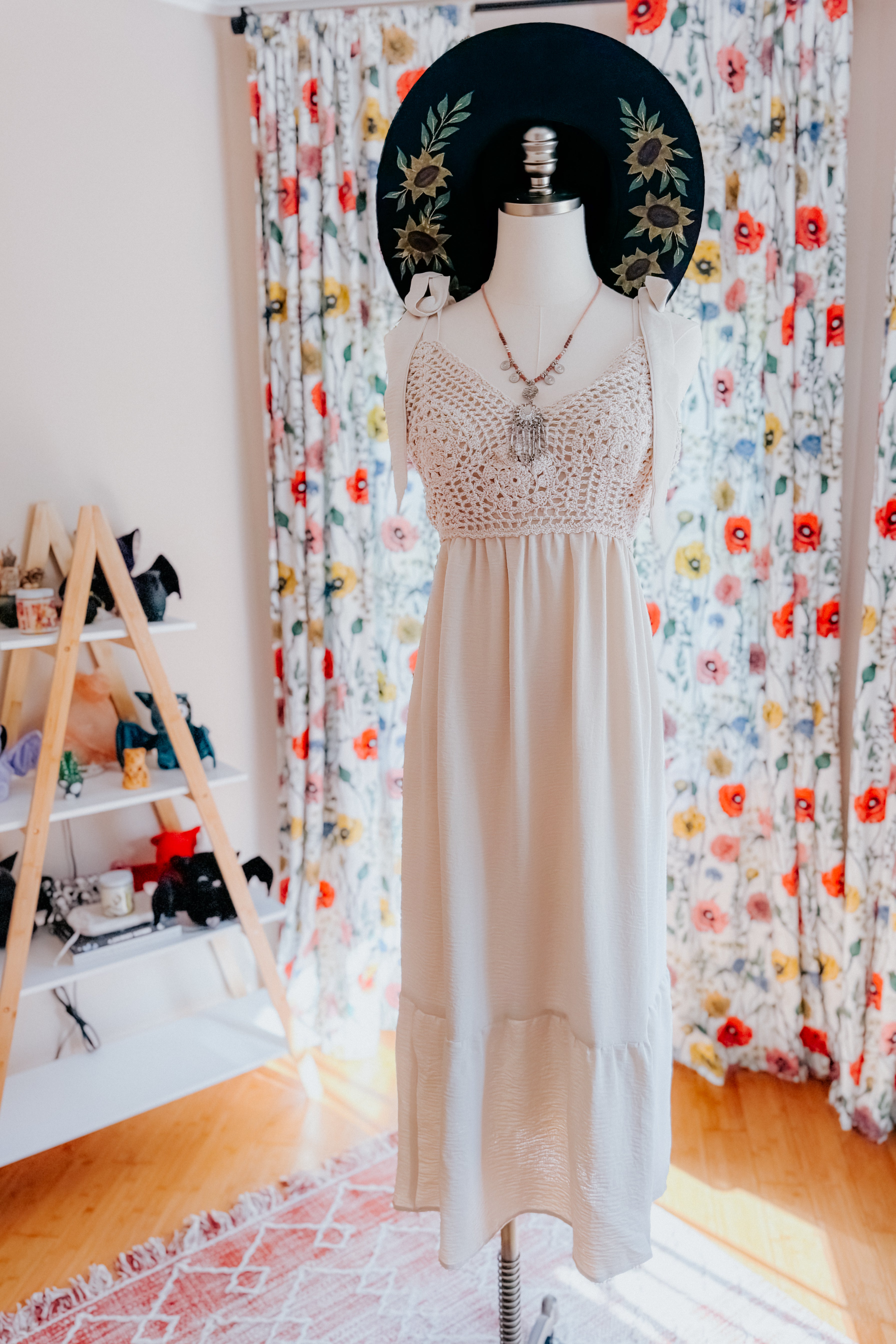 Feeling Your Best Crochet Lace Babydoll Midi Dress • Oatmeal