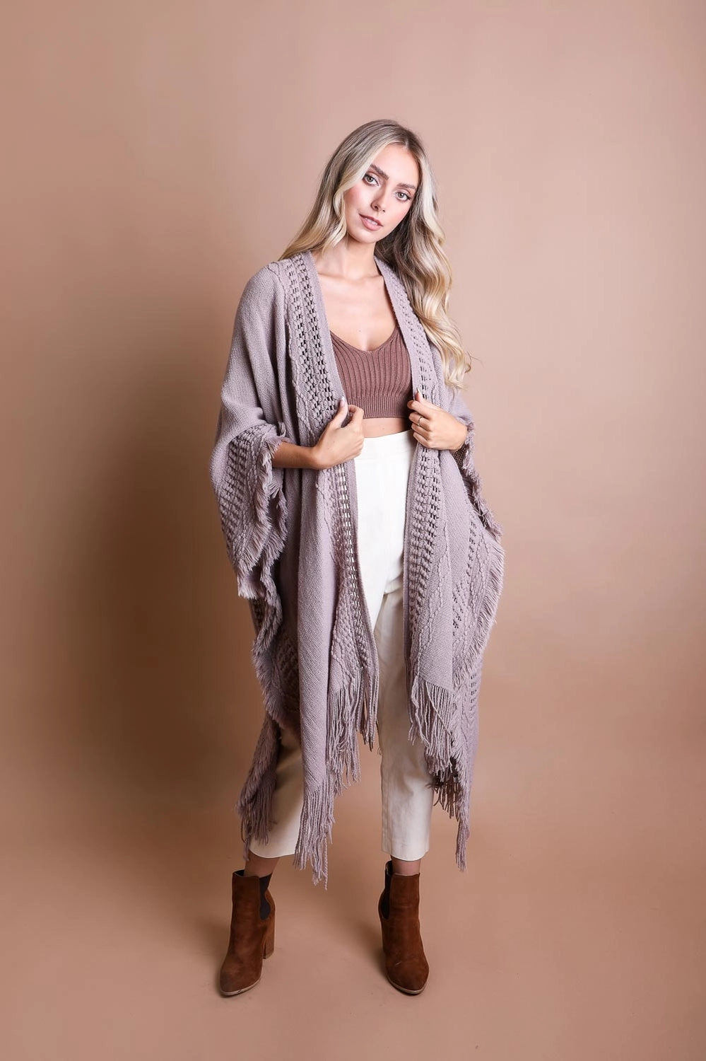 Faye Frayed Border Bohemian Ruana • Grey