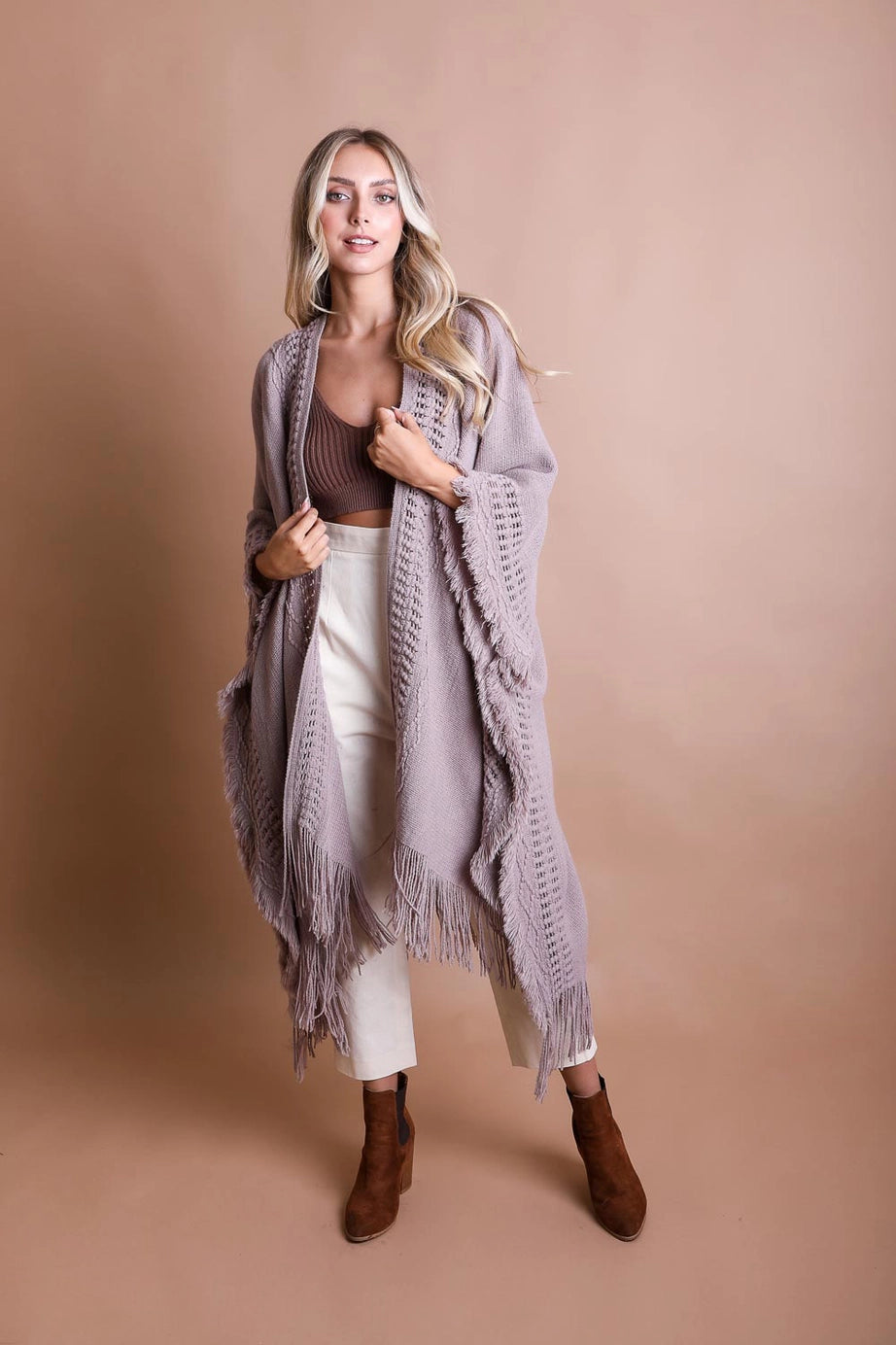 Faye Frayed Border Bohemian Ruana • Grey