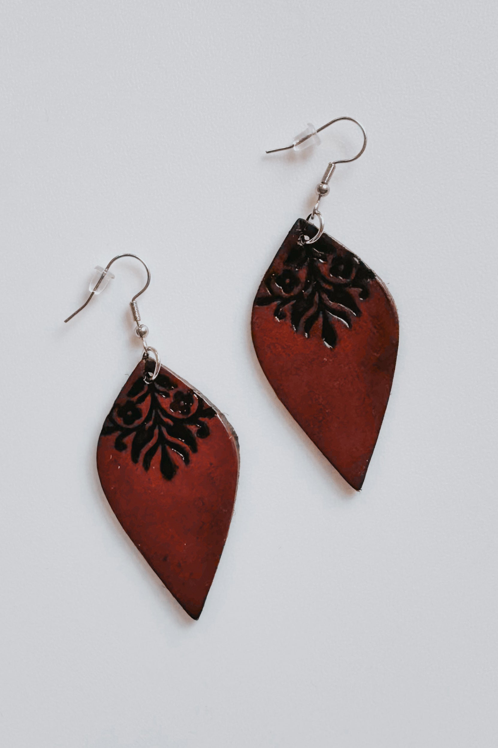 Vintage Souls Engraved Leaf Leather Earrings