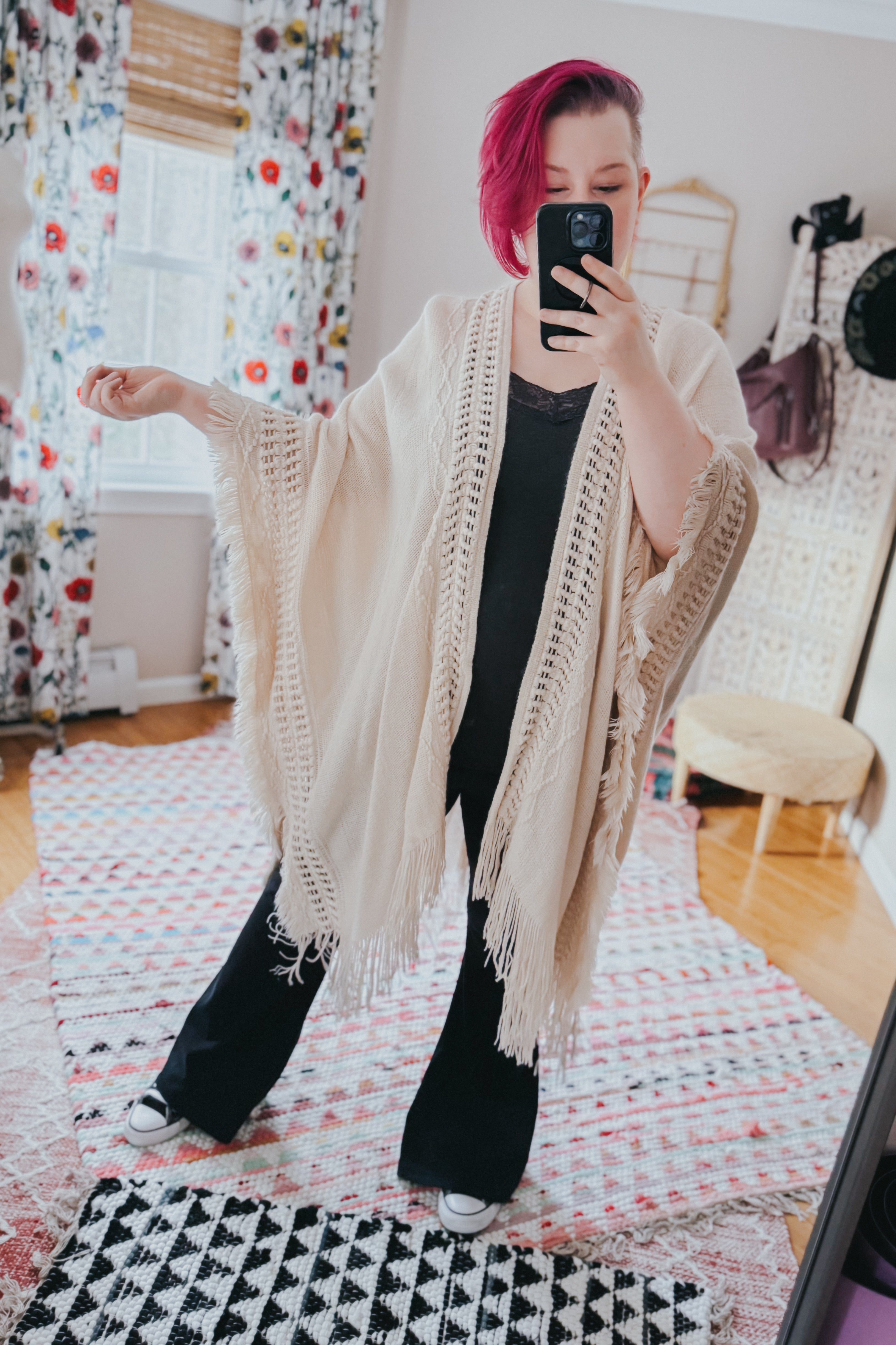 Faye Frayed Border Bohemian Ruana • Cream