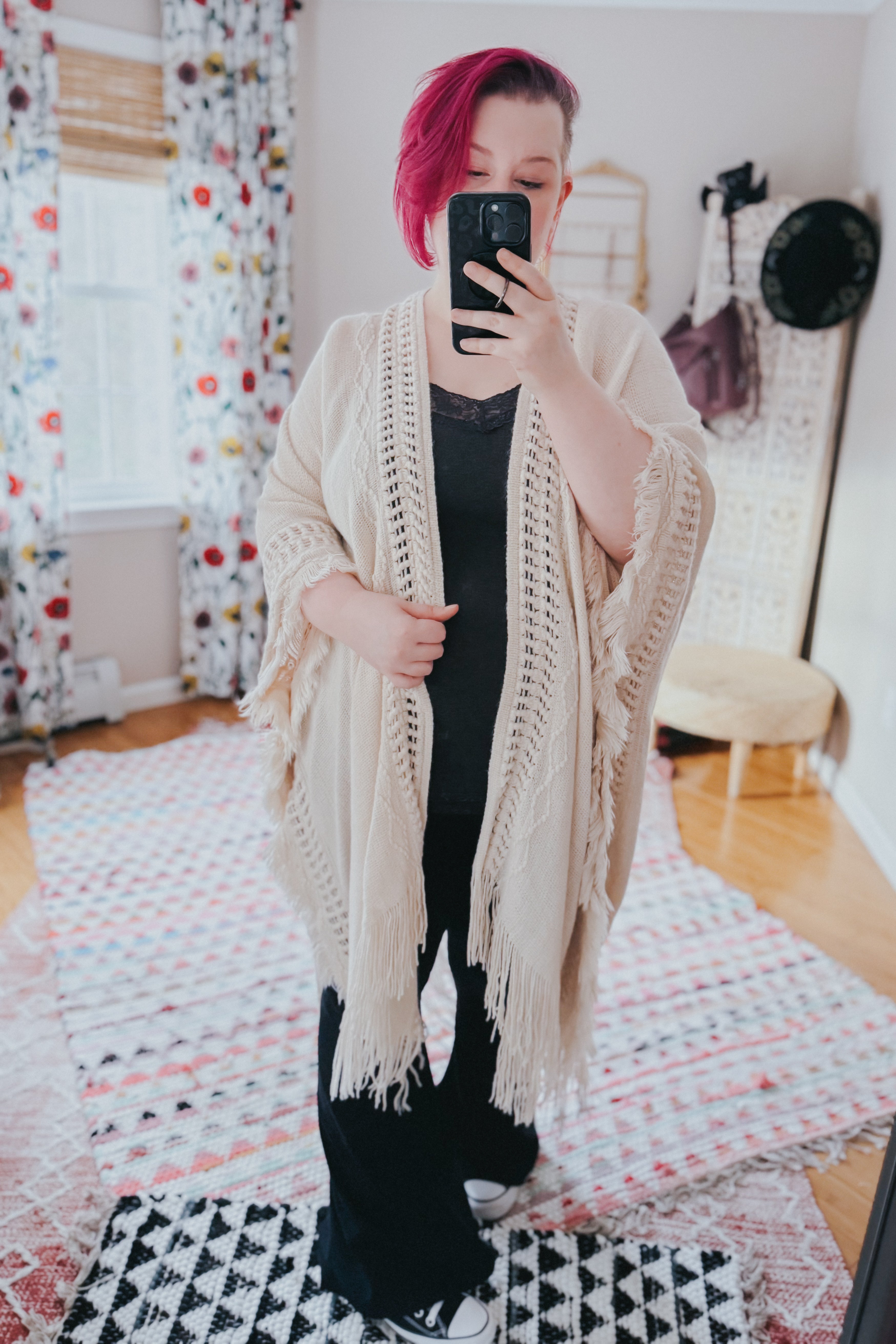 Faye Frayed Border Bohemian Ruana • Cream