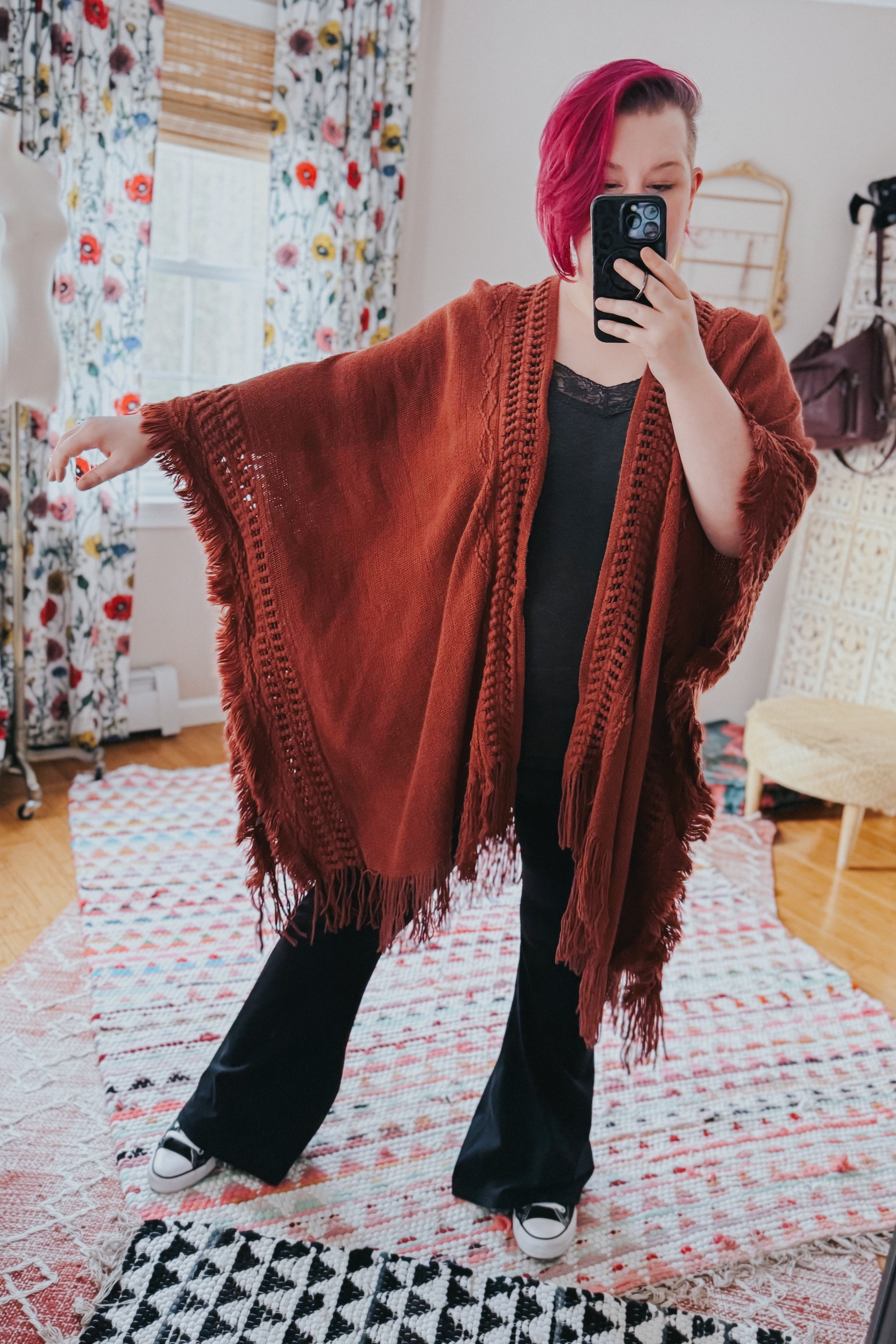 Faye Frayed Border Bohemian Ruana • Rust