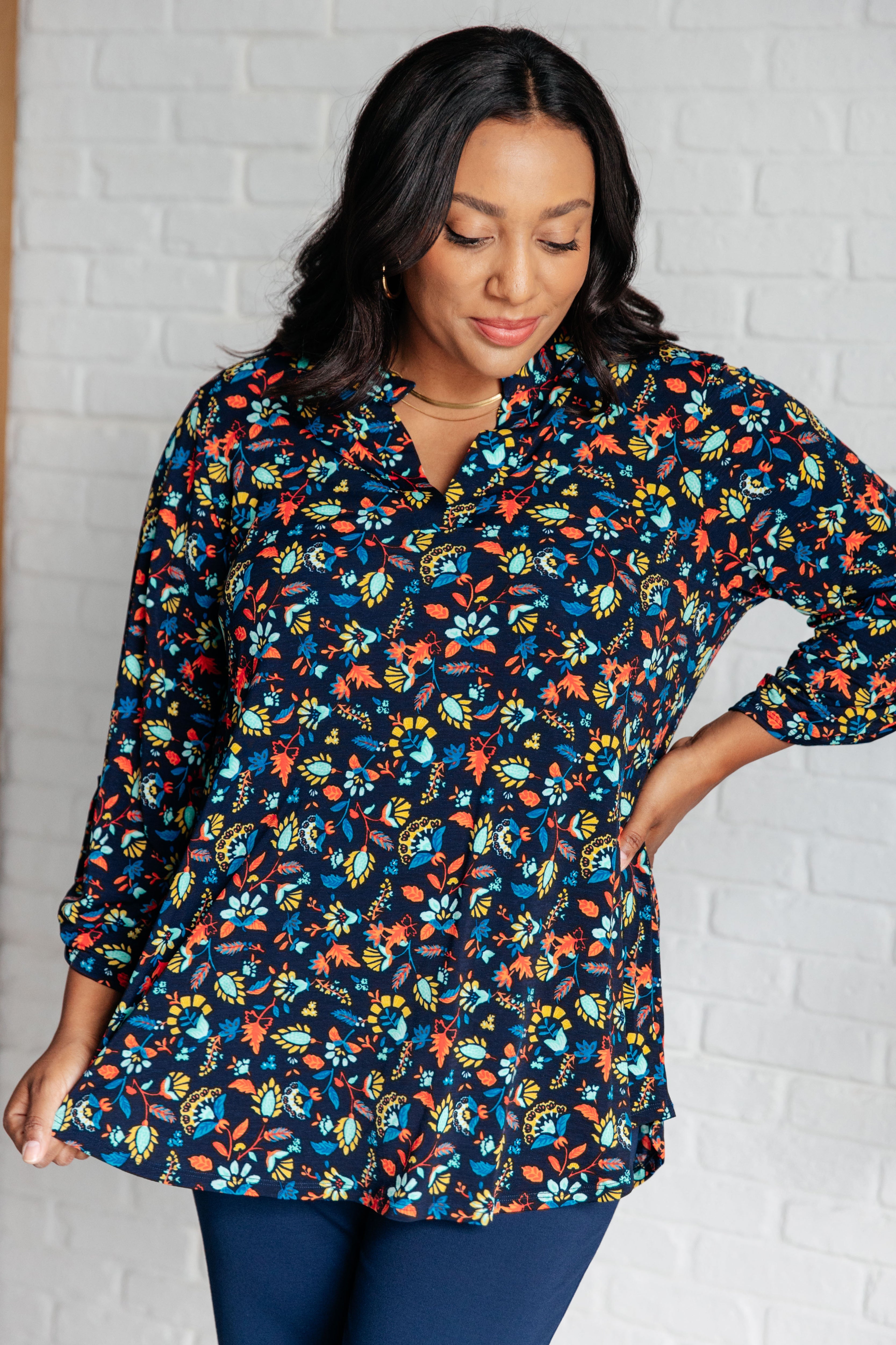 Lizzy Top • Navy and Teal Multi Floral