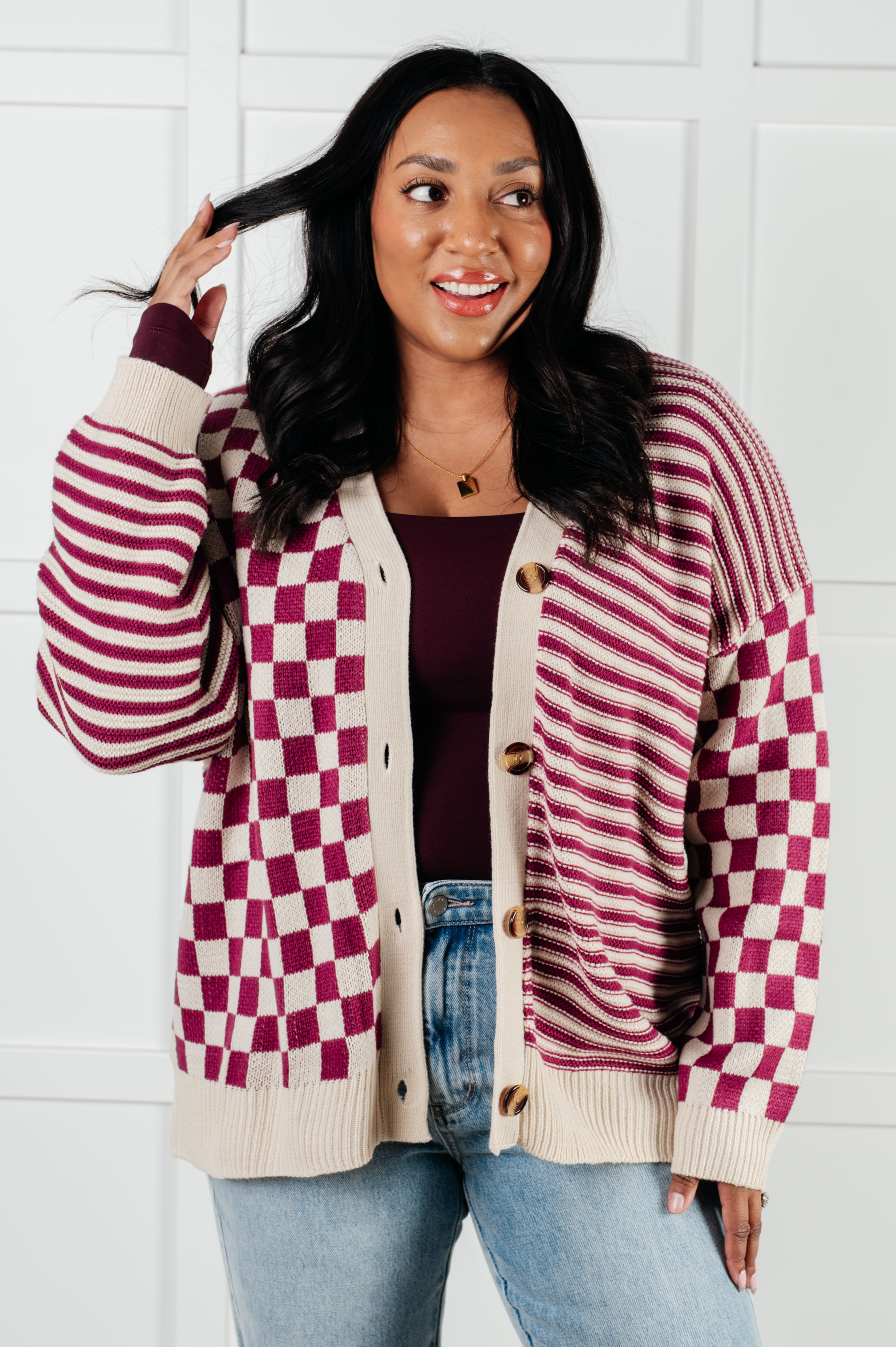 Dixie Checkered & Striped Button-Down Cardigan • Magenta