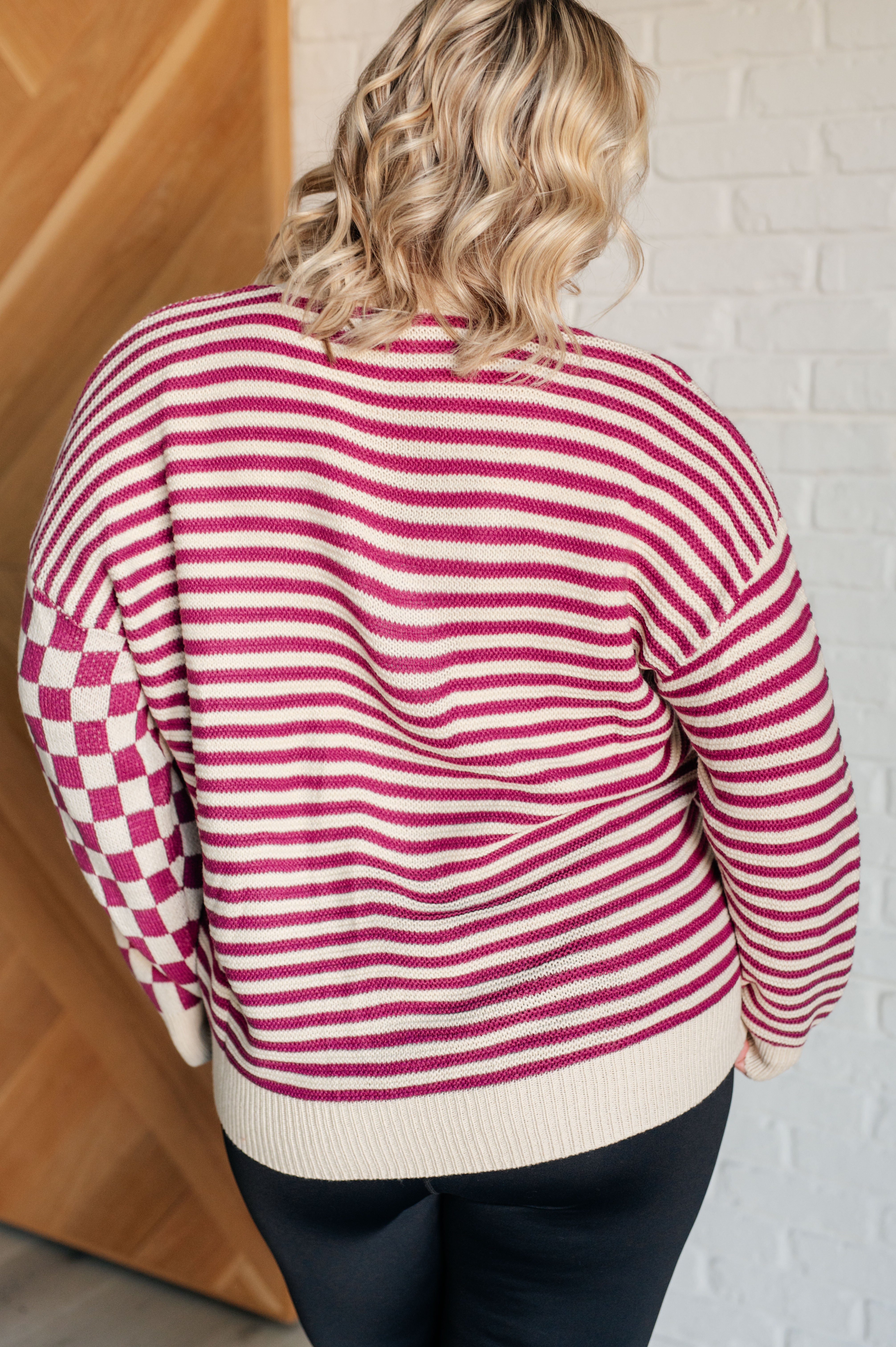 Dixie Checkered & Striped Button-Down Cardigan • Magenta