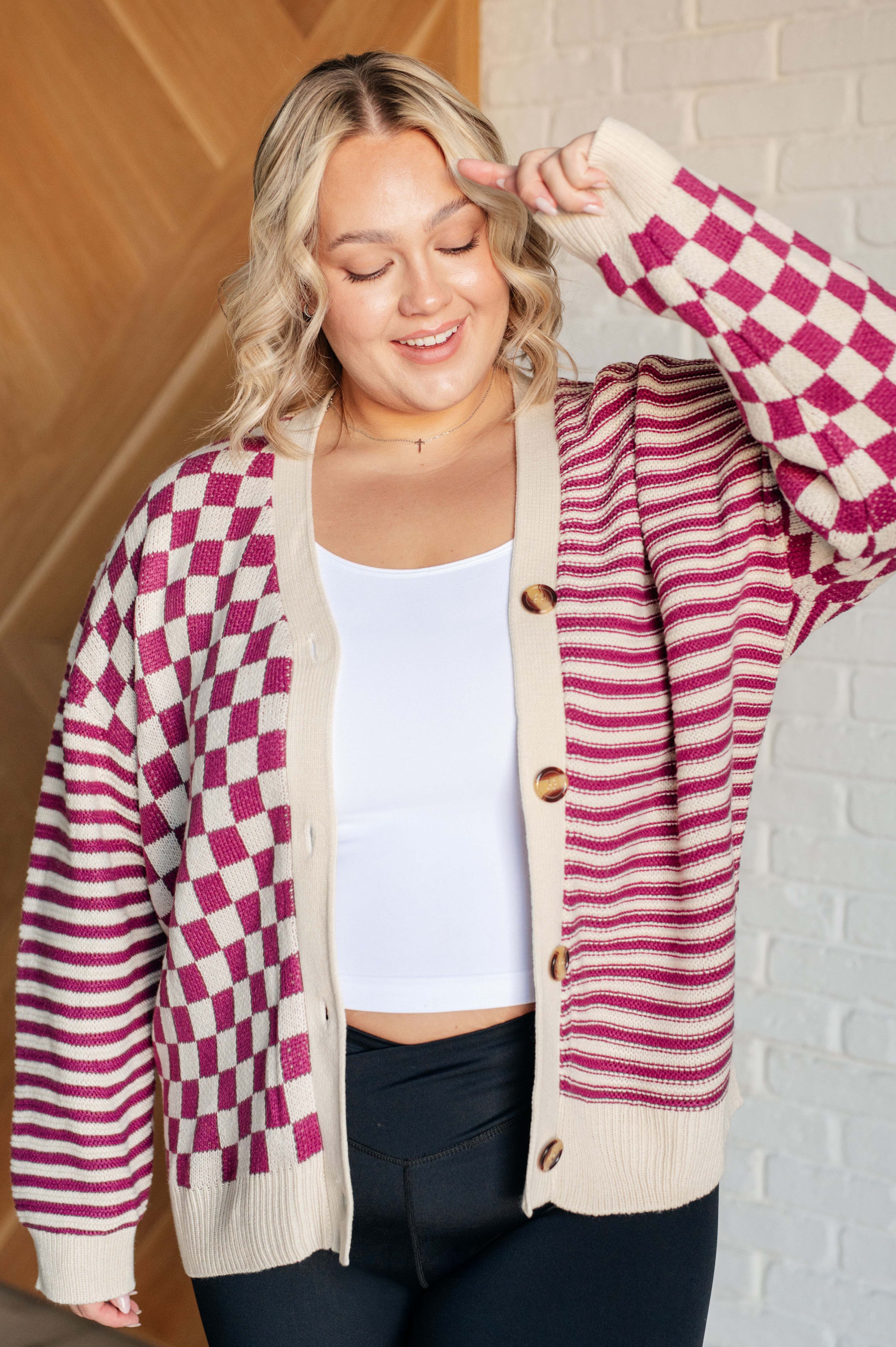 Dixie Checkered & Striped Button-Down Cardigan • Magenta