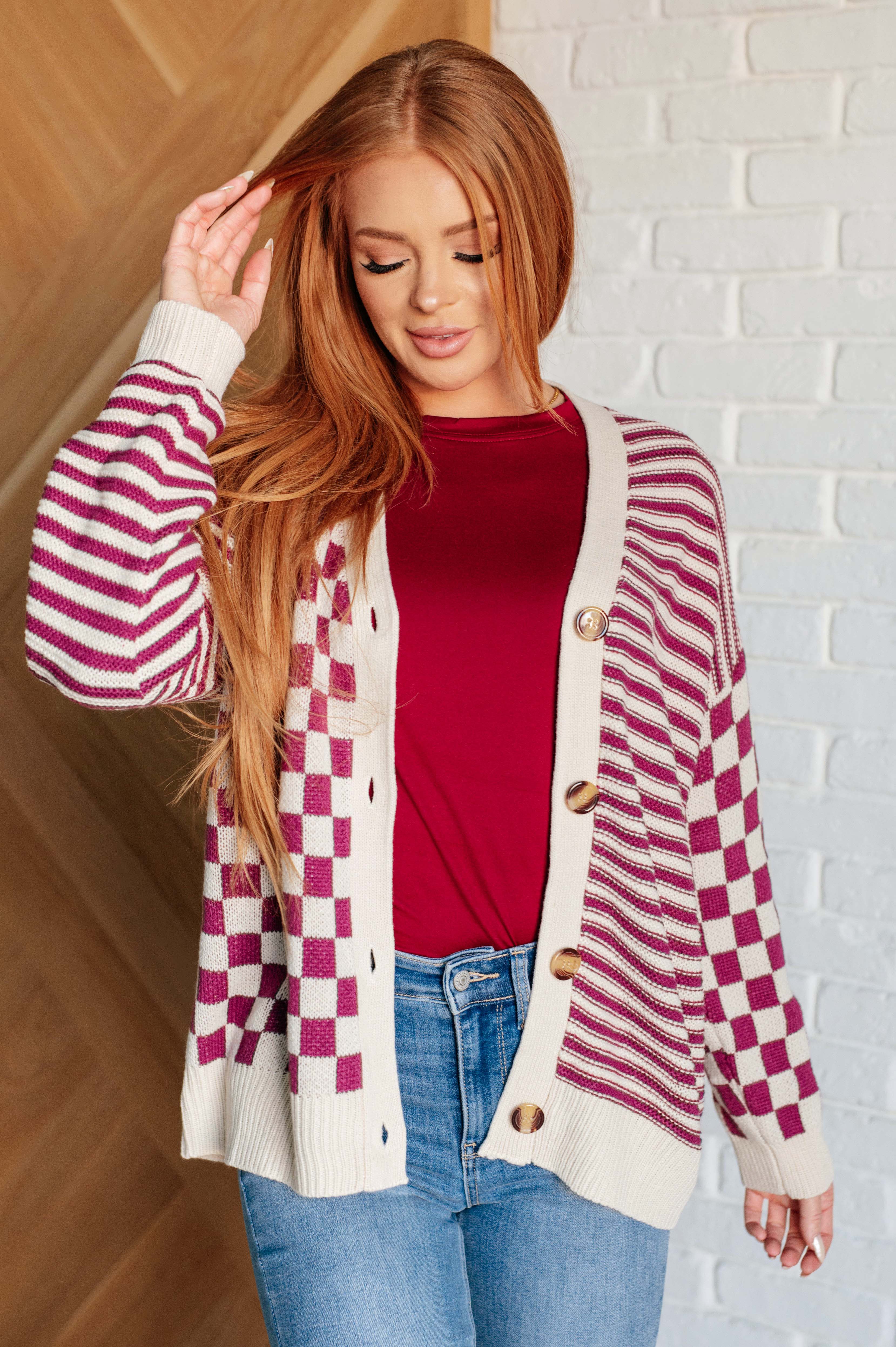 Dixie Checkered & Striped Button-Down Cardigan • Magenta