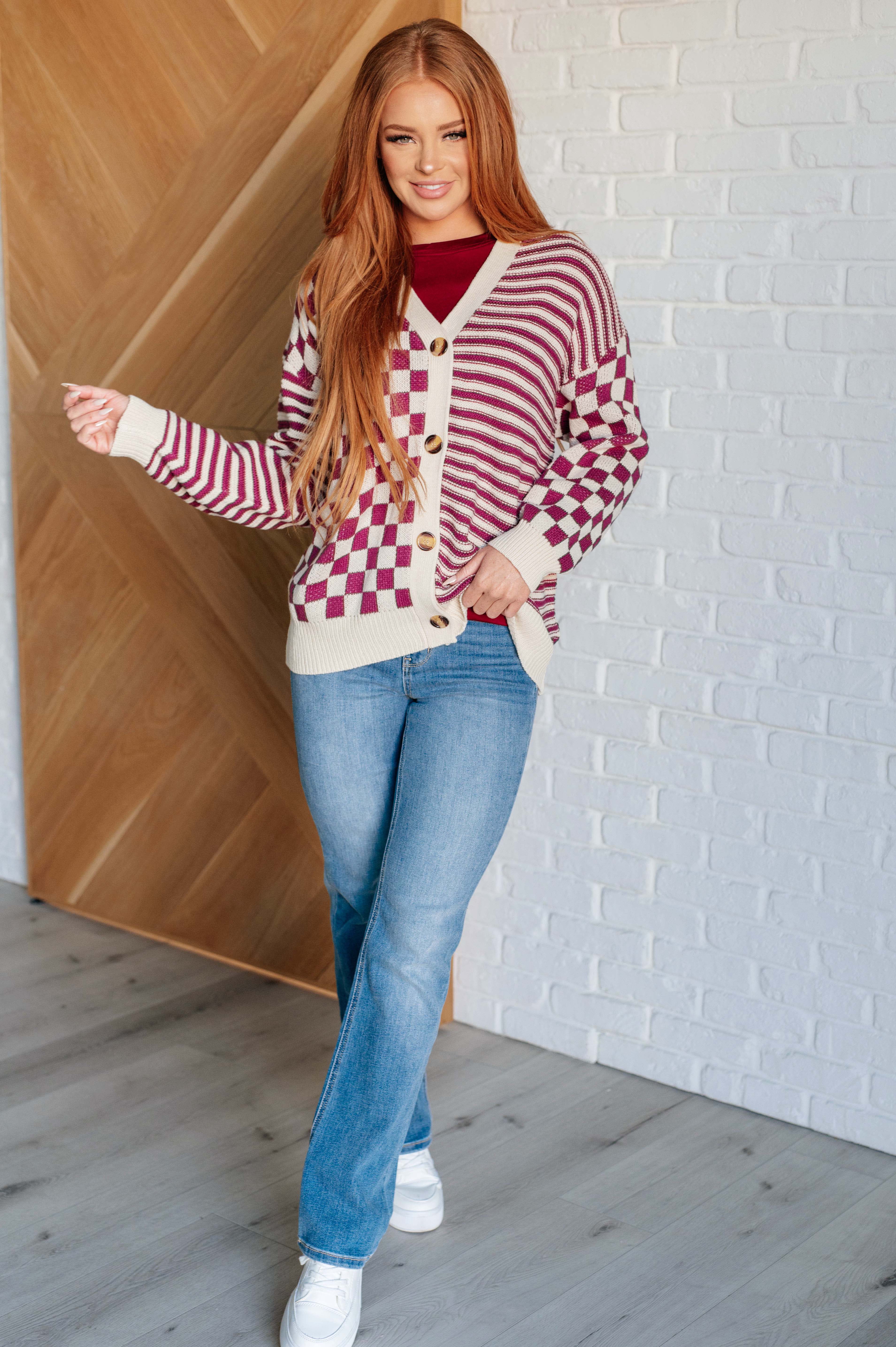 Dixie Checkered & Striped Button-Down Cardigan • Magenta