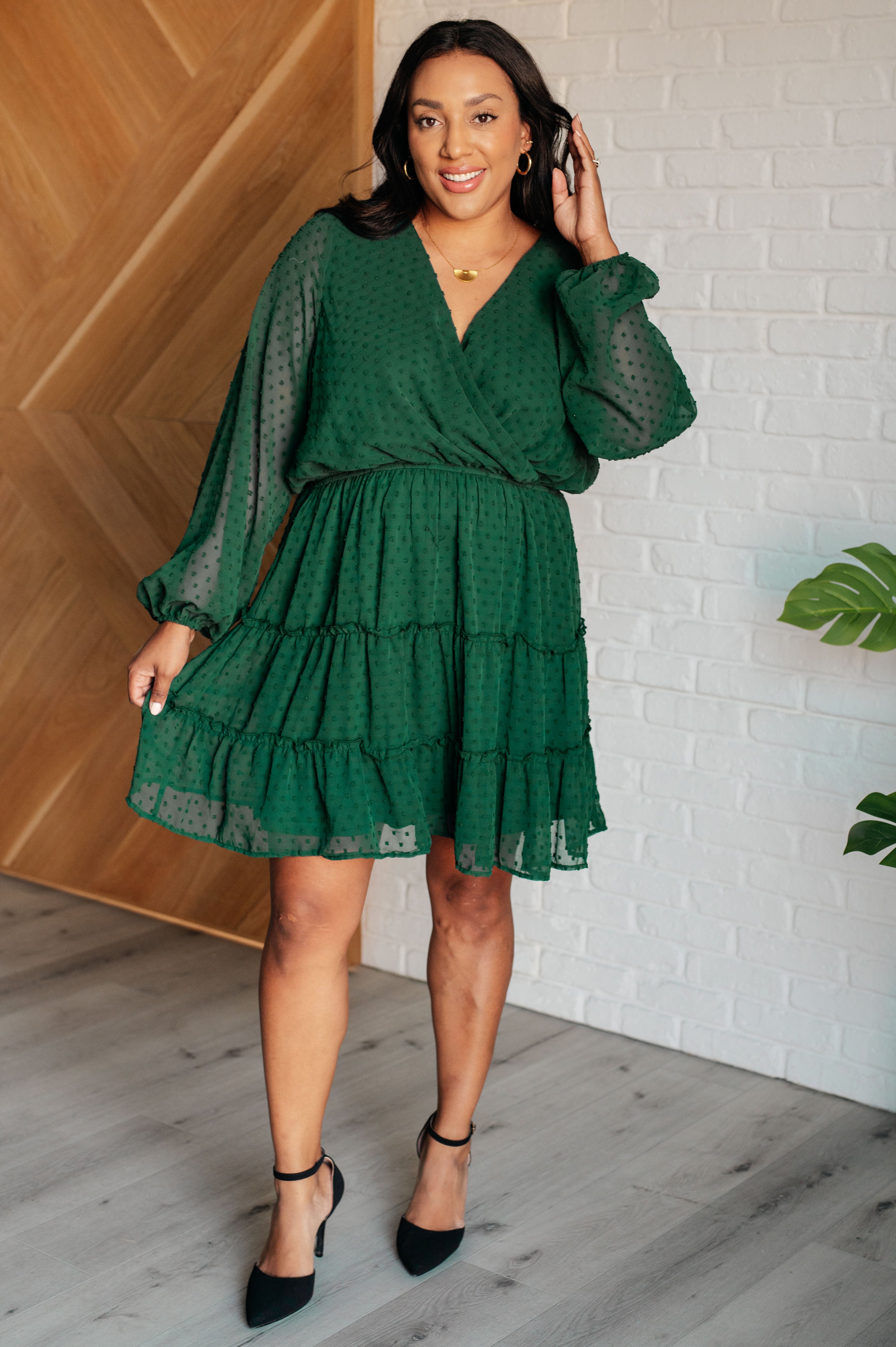 Starlit Glow V-Neck Tiered Dress • Hunter Green