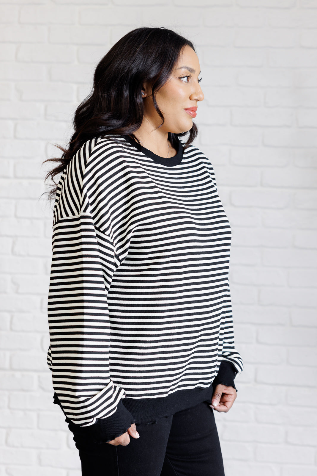 Too Good to Be True Striped Drop Shoulder Top • Black