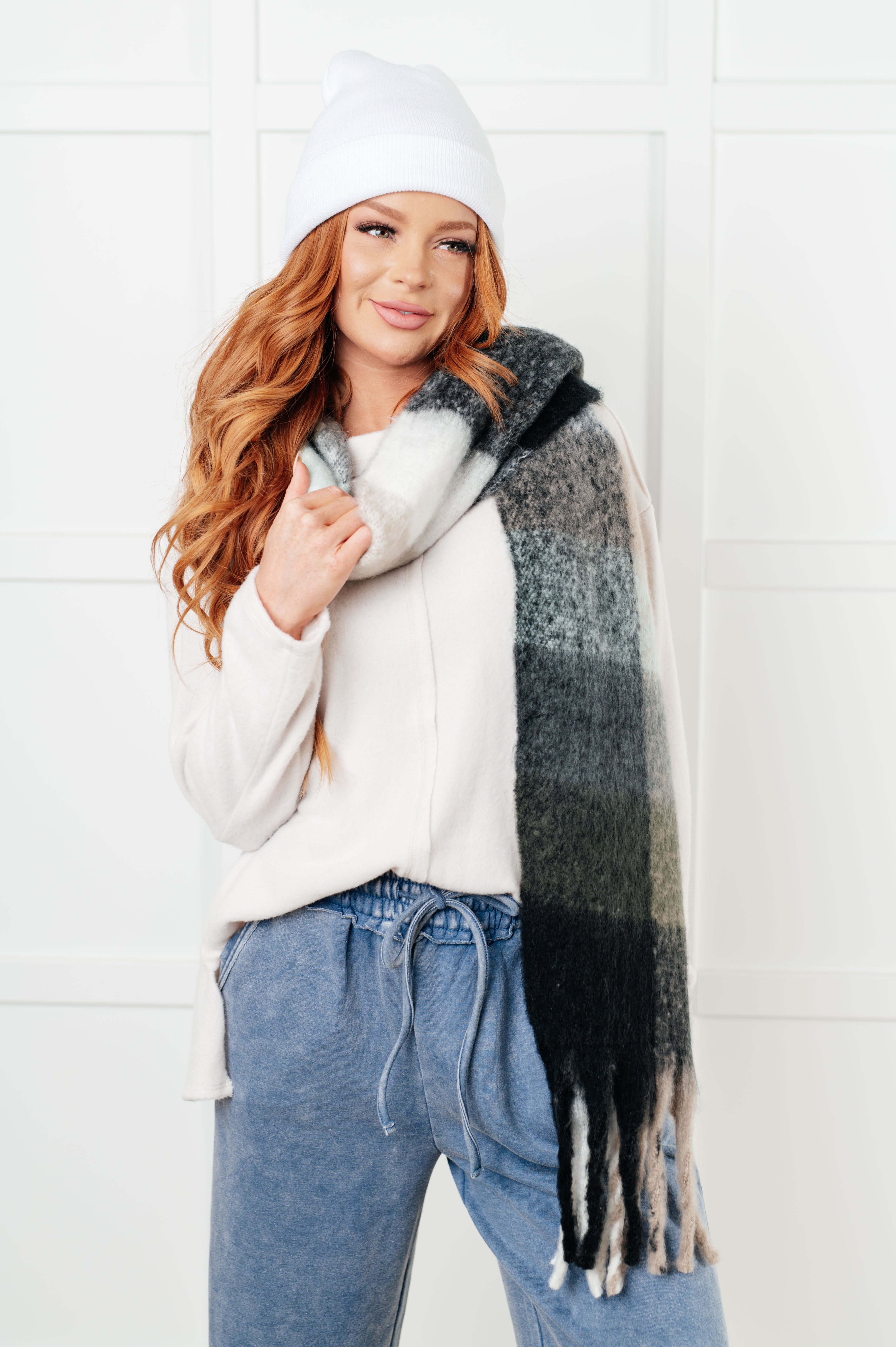 Wanderlust Wrap Oversized Plaid Fringe Scarf • Grey and Jade