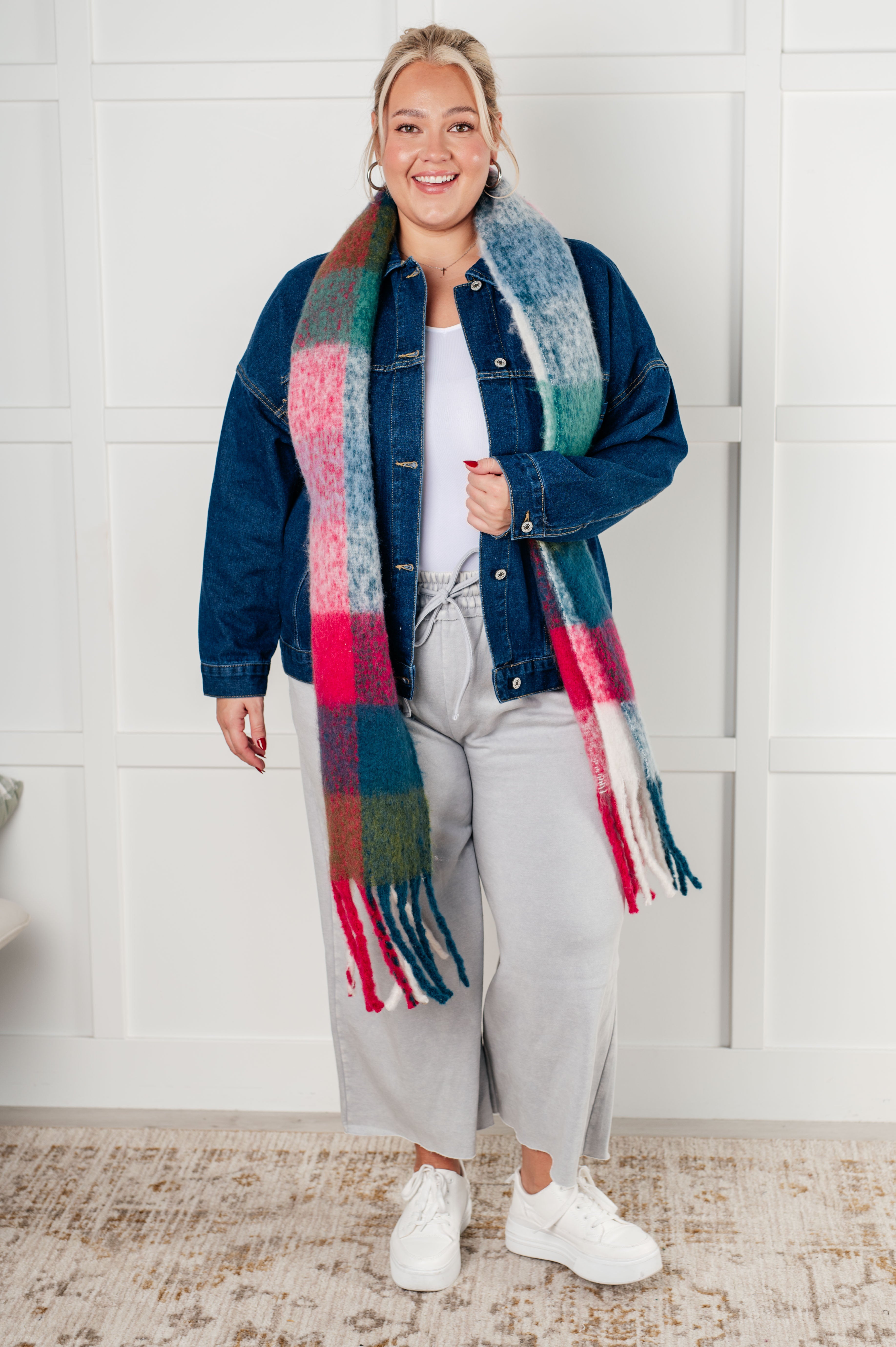 Wanderlust Wrap Oversized Plaid Fringe Scarf • Magenta and Teal