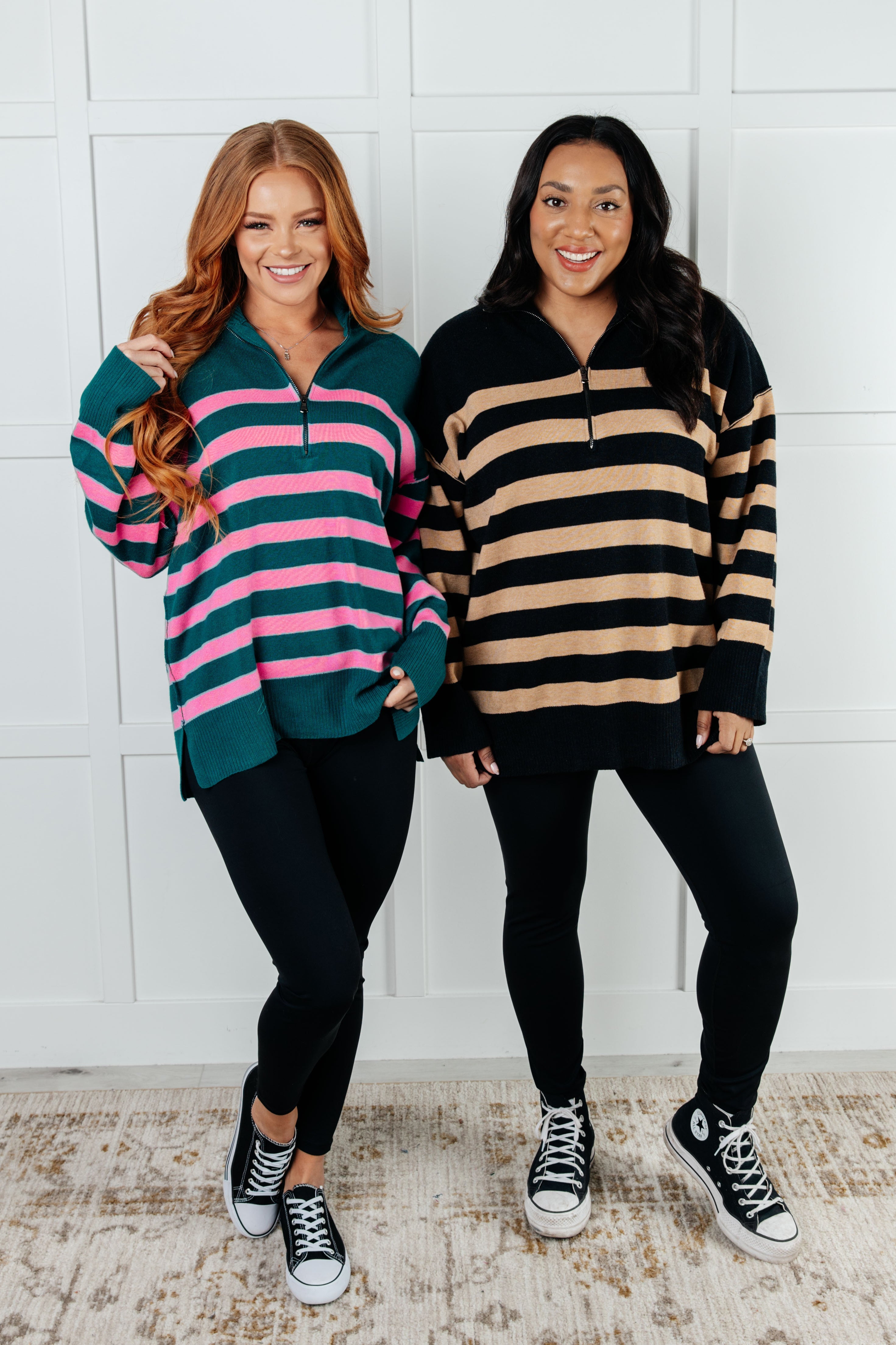 Well Situated Striped Quarter Zip Sweater • Green and Pink