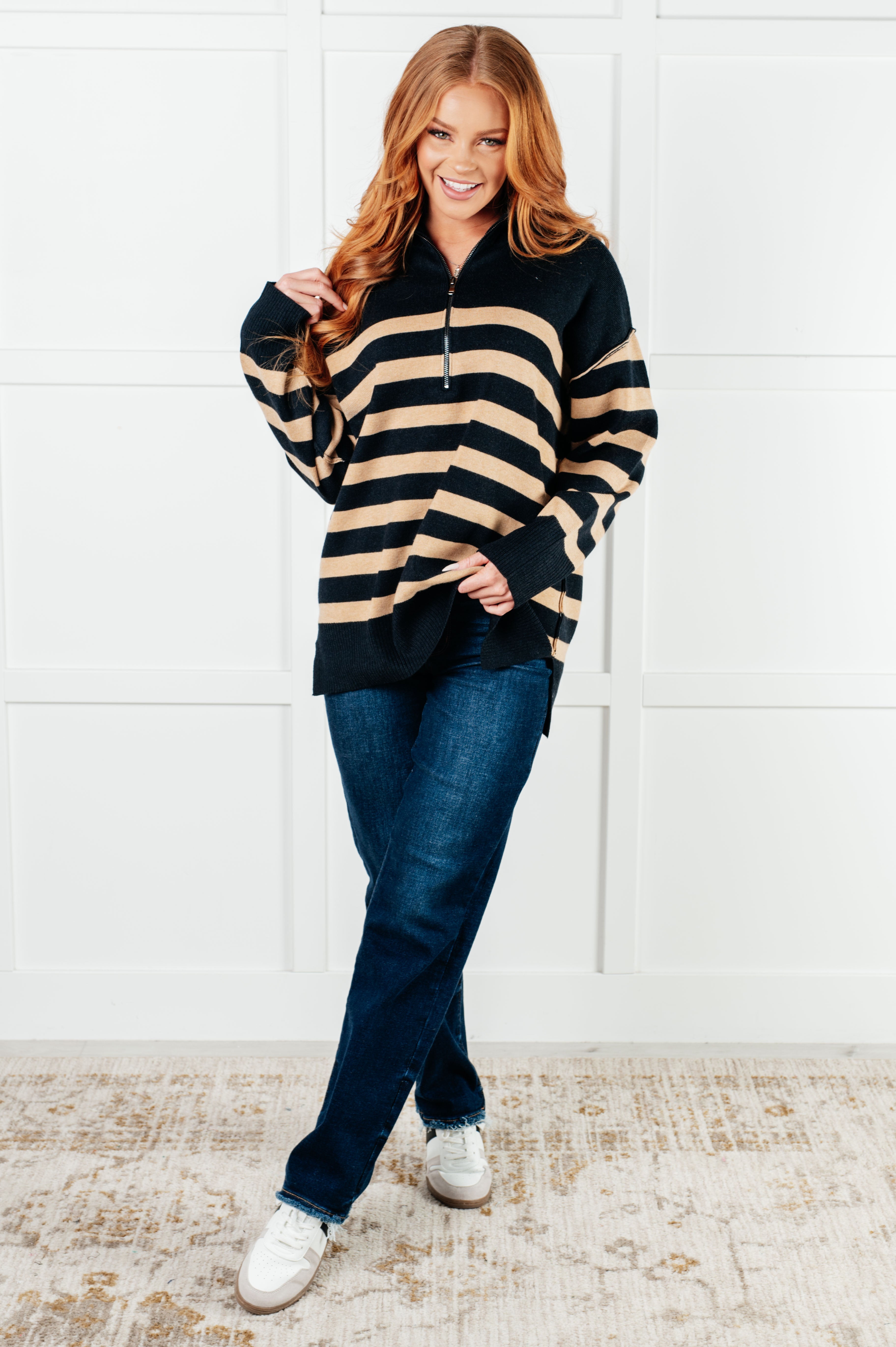 Well Situated Striped Quarter Zip Sweater • Black and Tan