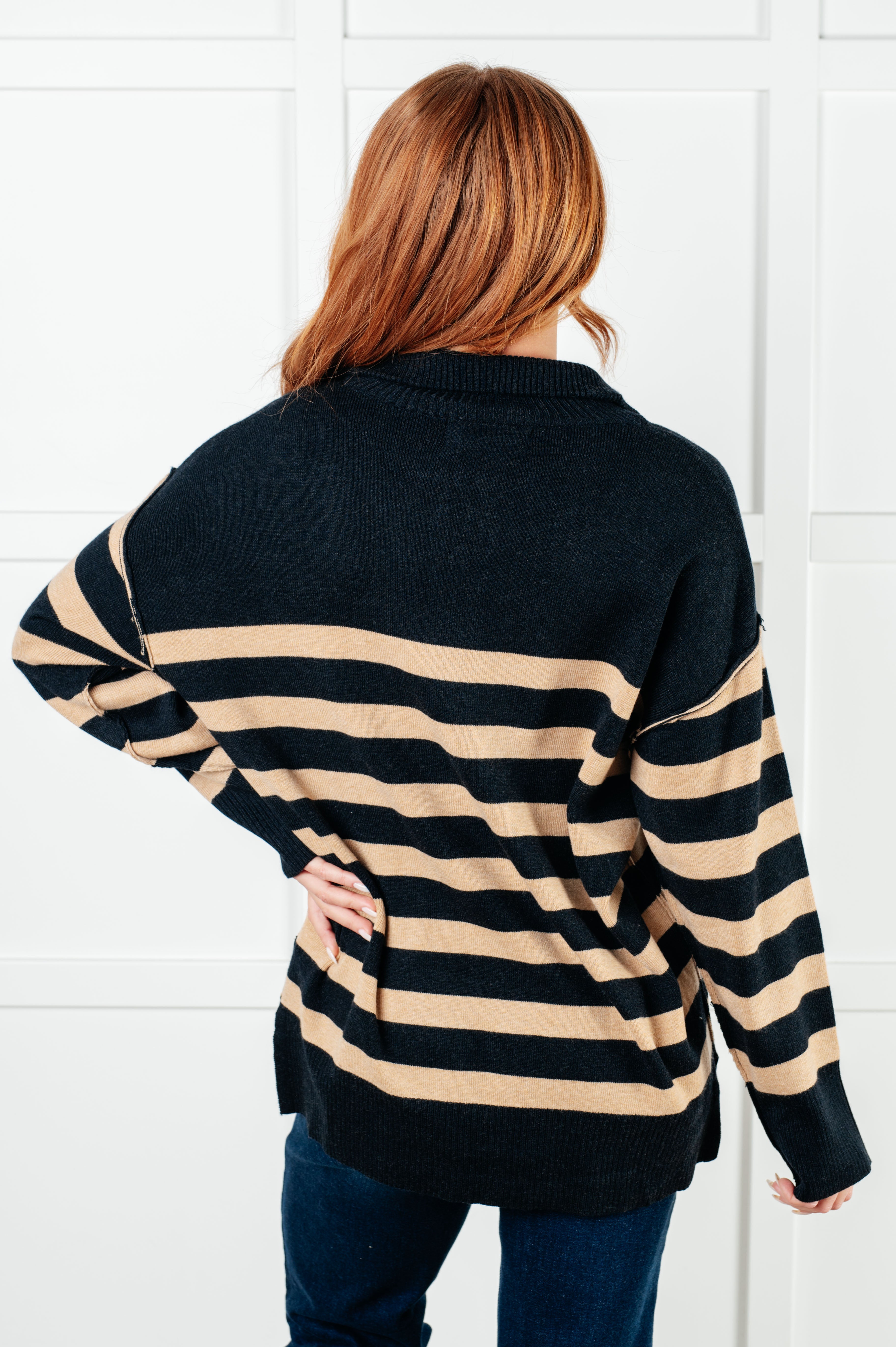 Well Situated Striped Quarter Zip Sweater • Black and Tan