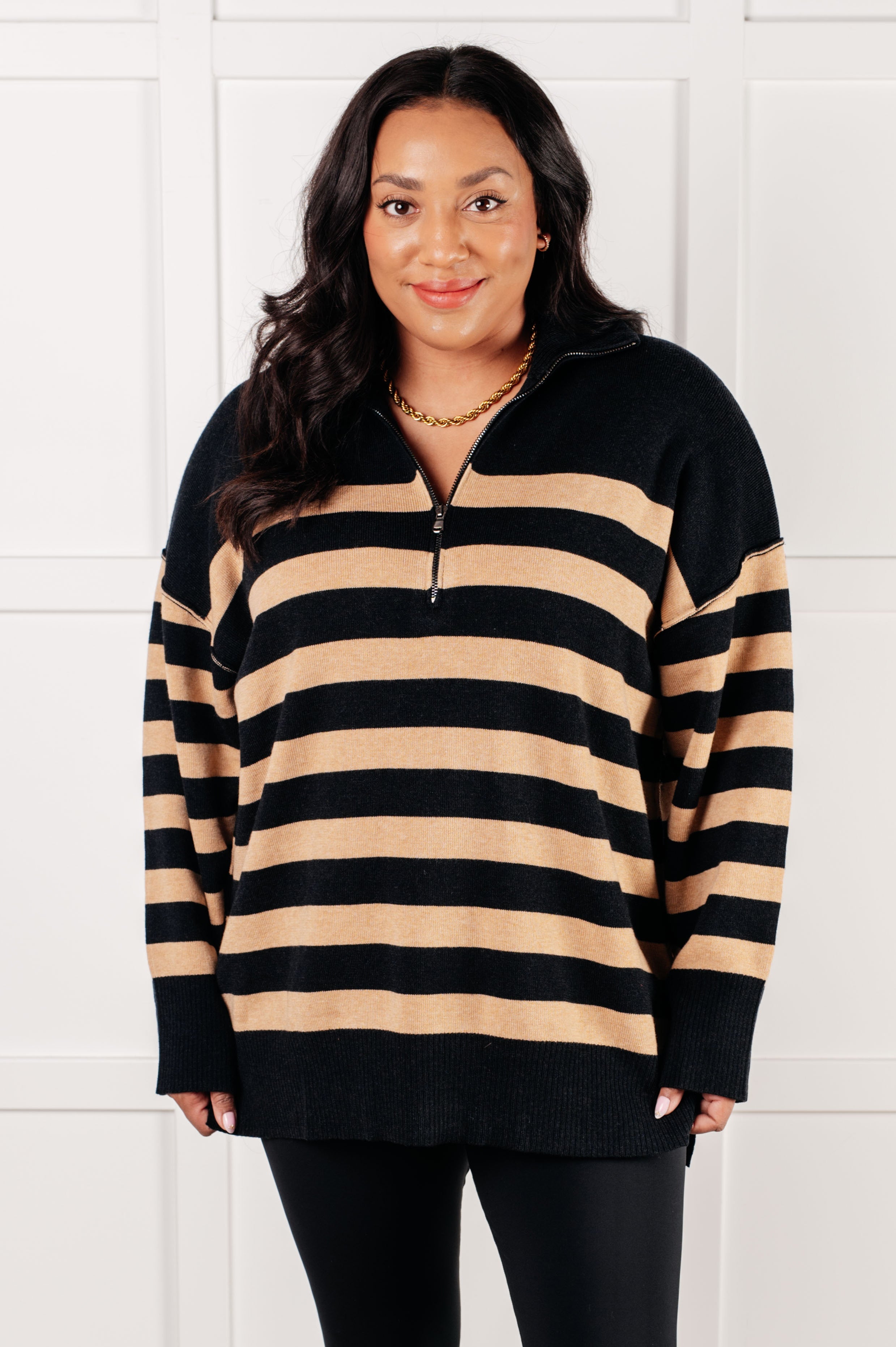 Well Situated Striped Quarter Zip Sweater • Black and Tan