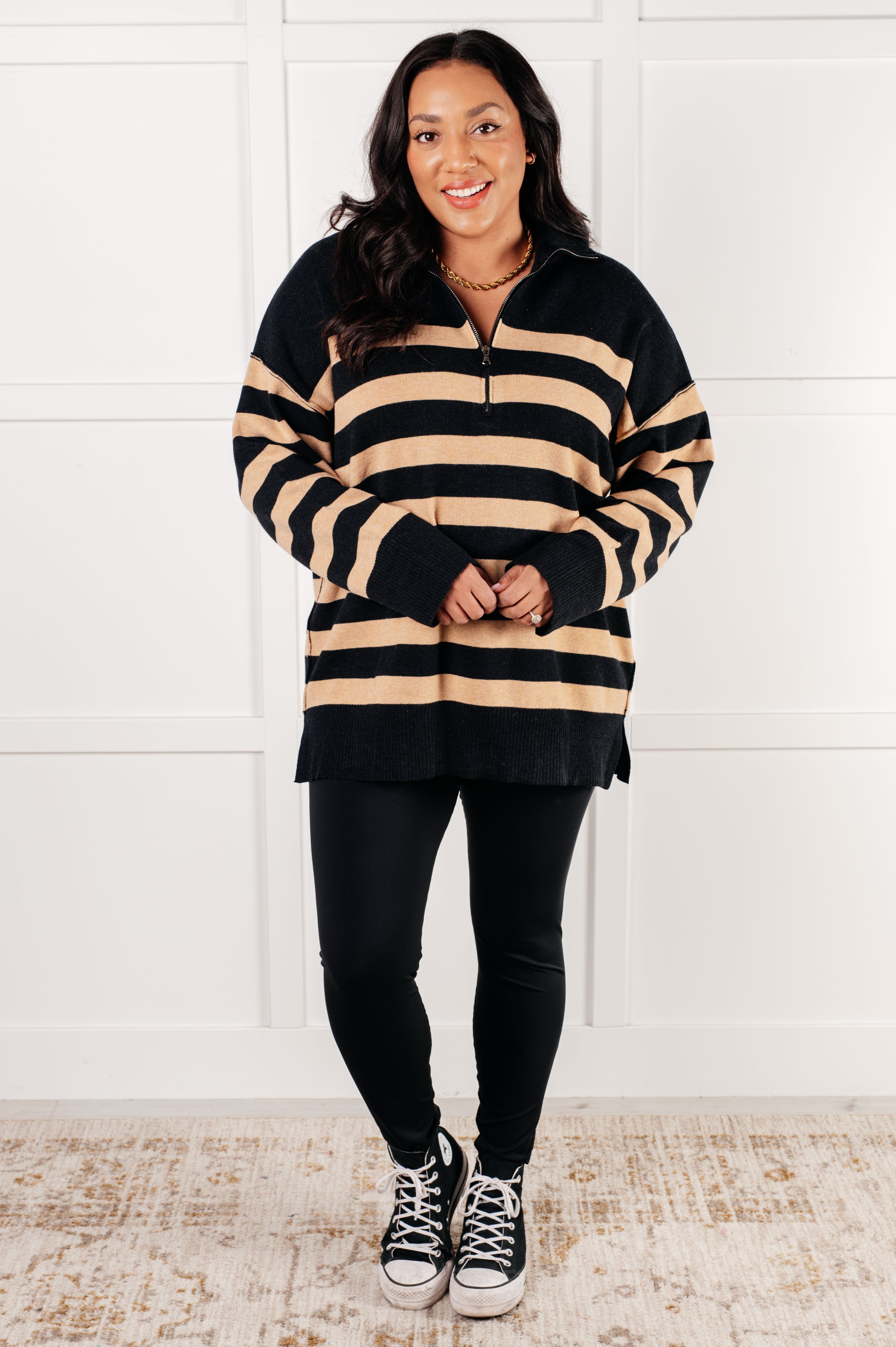 Well Situated Striped Quarter Zip Sweater • Black and Tan