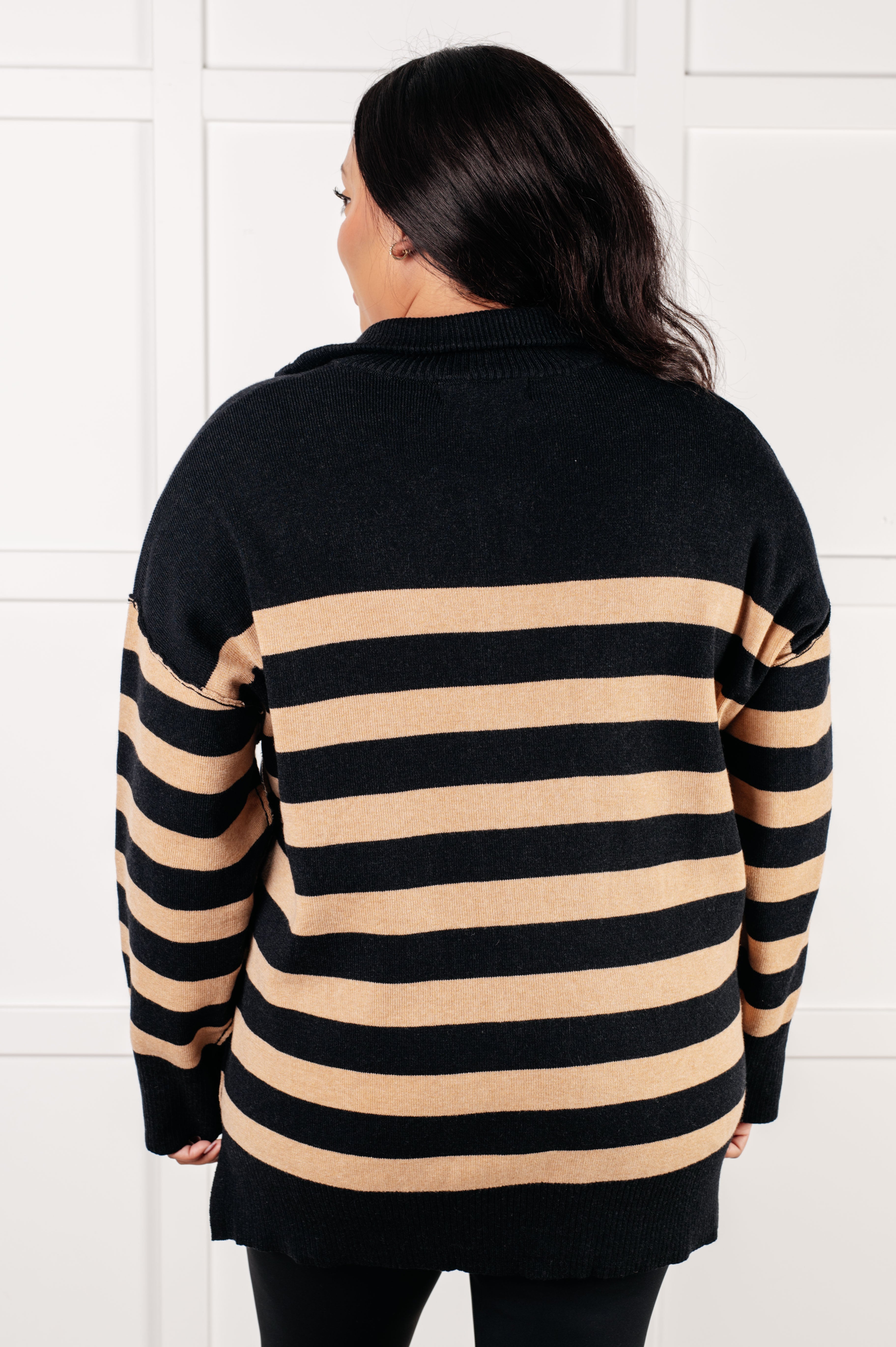 Well Situated Striped Quarter Zip Sweater • Black and Tan