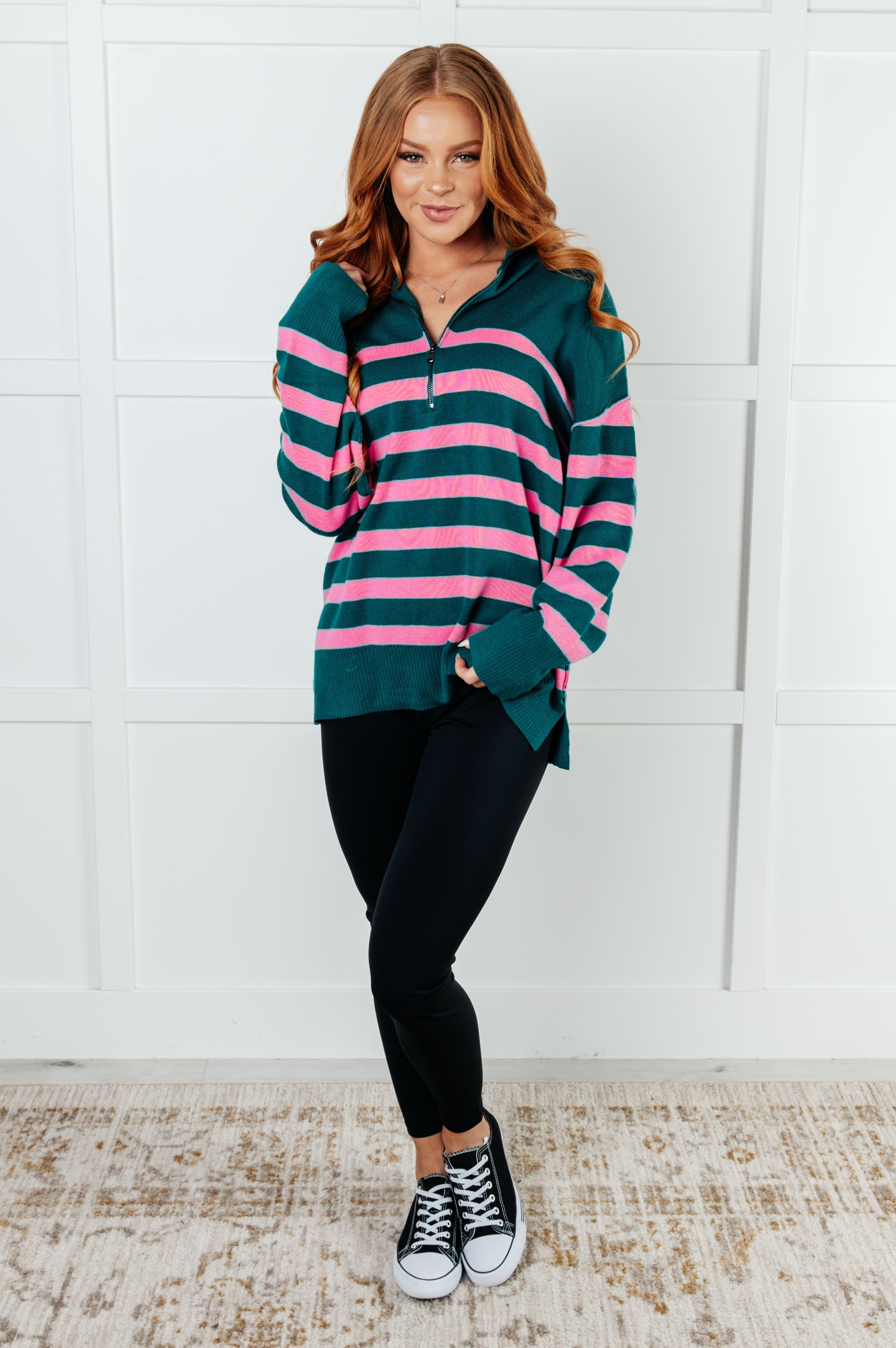 Well Situated Striped Quarter Zip Sweater • Green and Pink