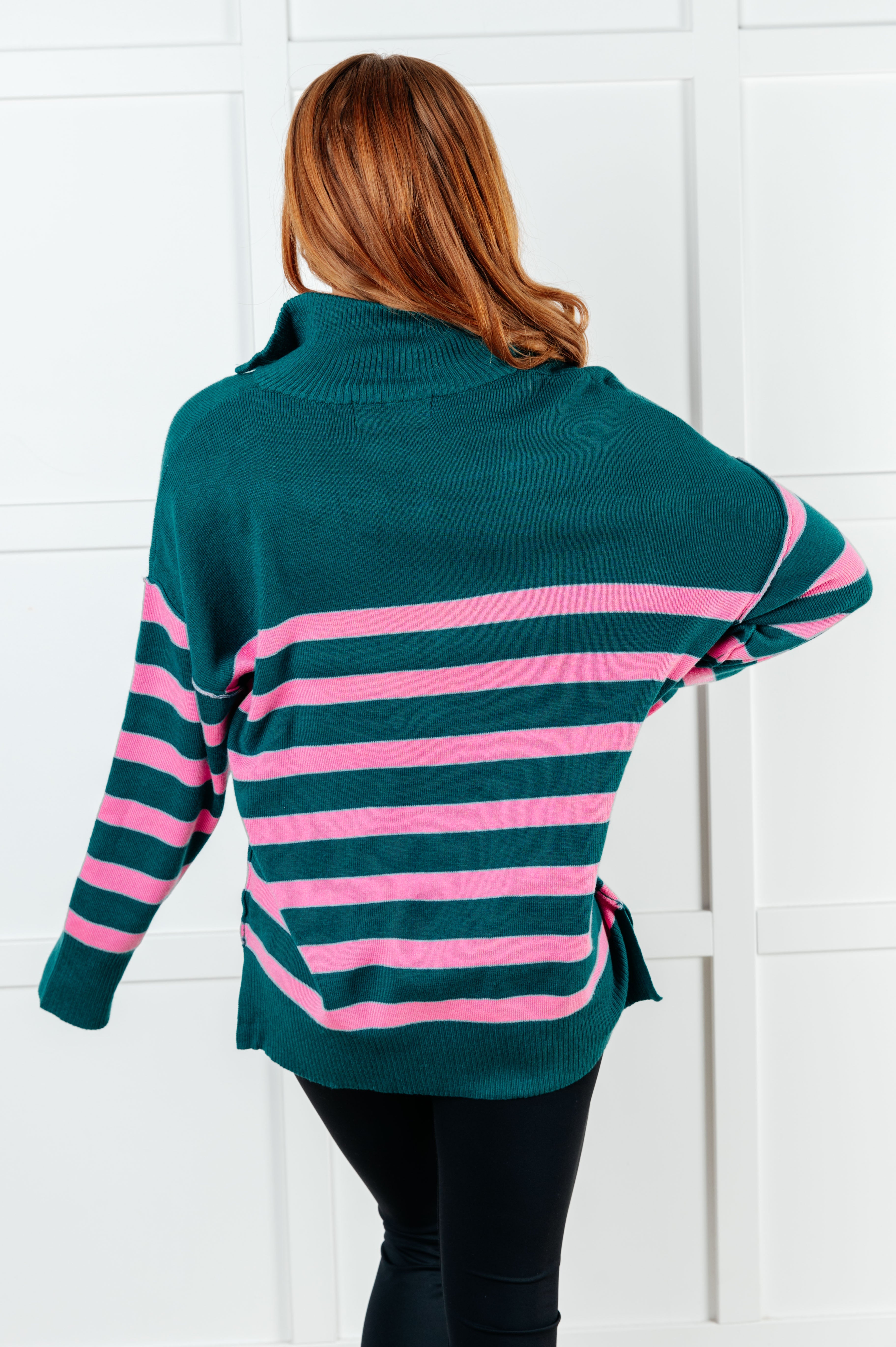 Well Situated Striped Quarter Zip Sweater • Green and Pink